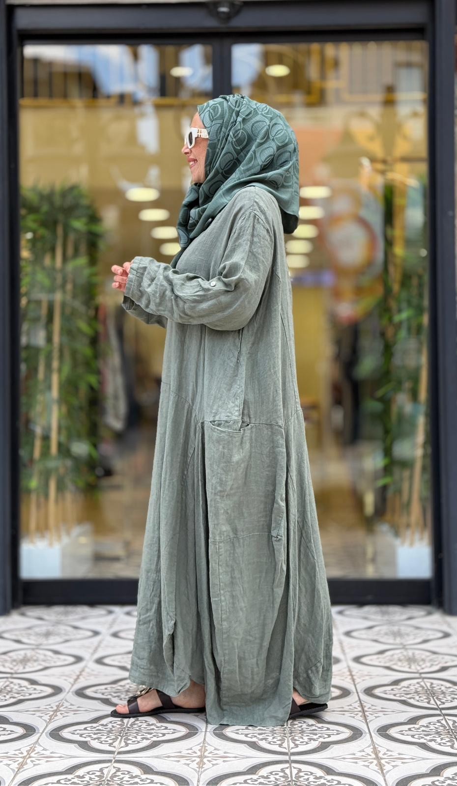 FLORA KETEN ELBİSE - HAKİ