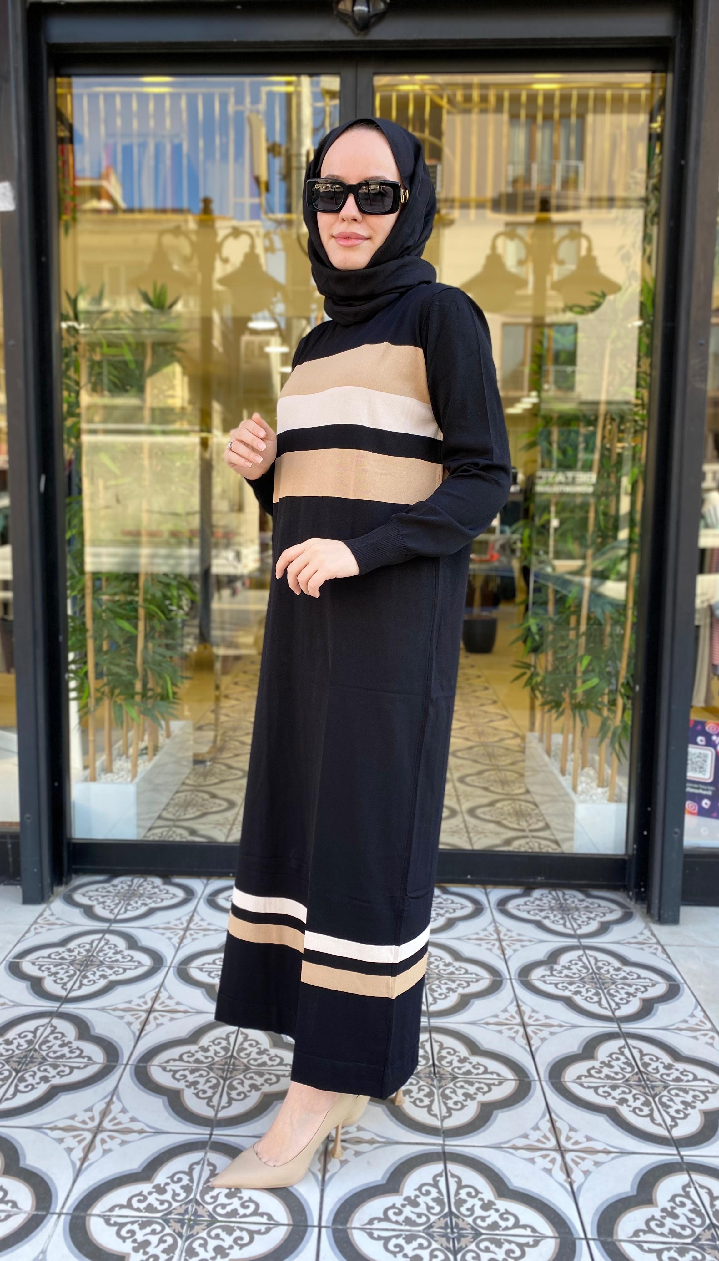 SARA ÇİZGİ DETAYLI ELBİSE - SİYAH