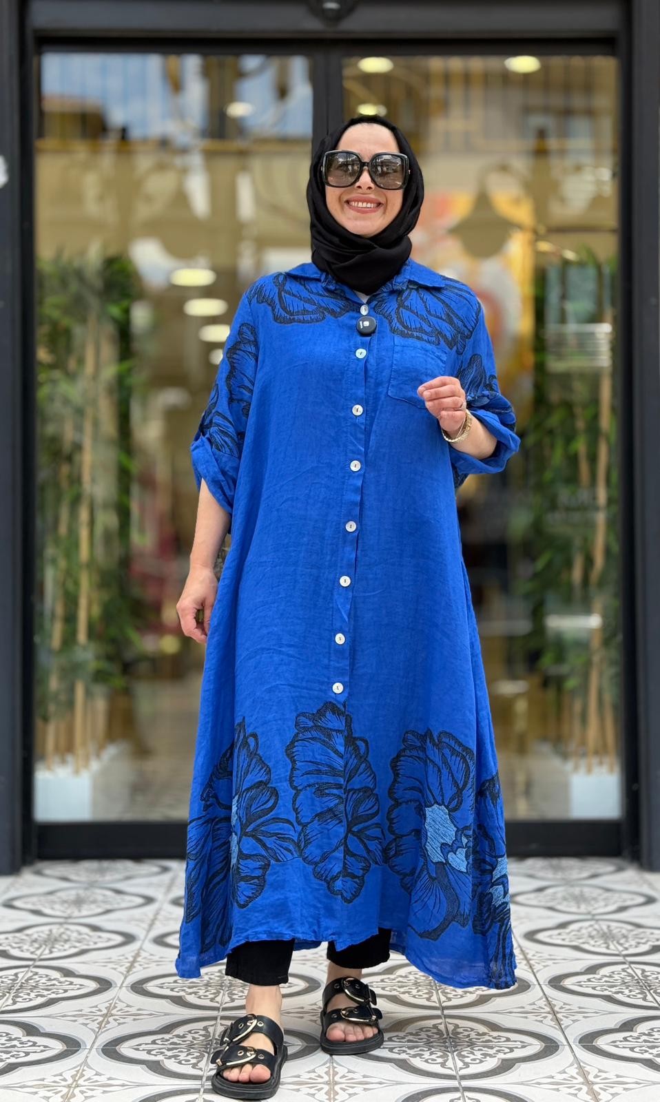 BLOOM ÇİÇEK KETEN ELBİSE - SAKS