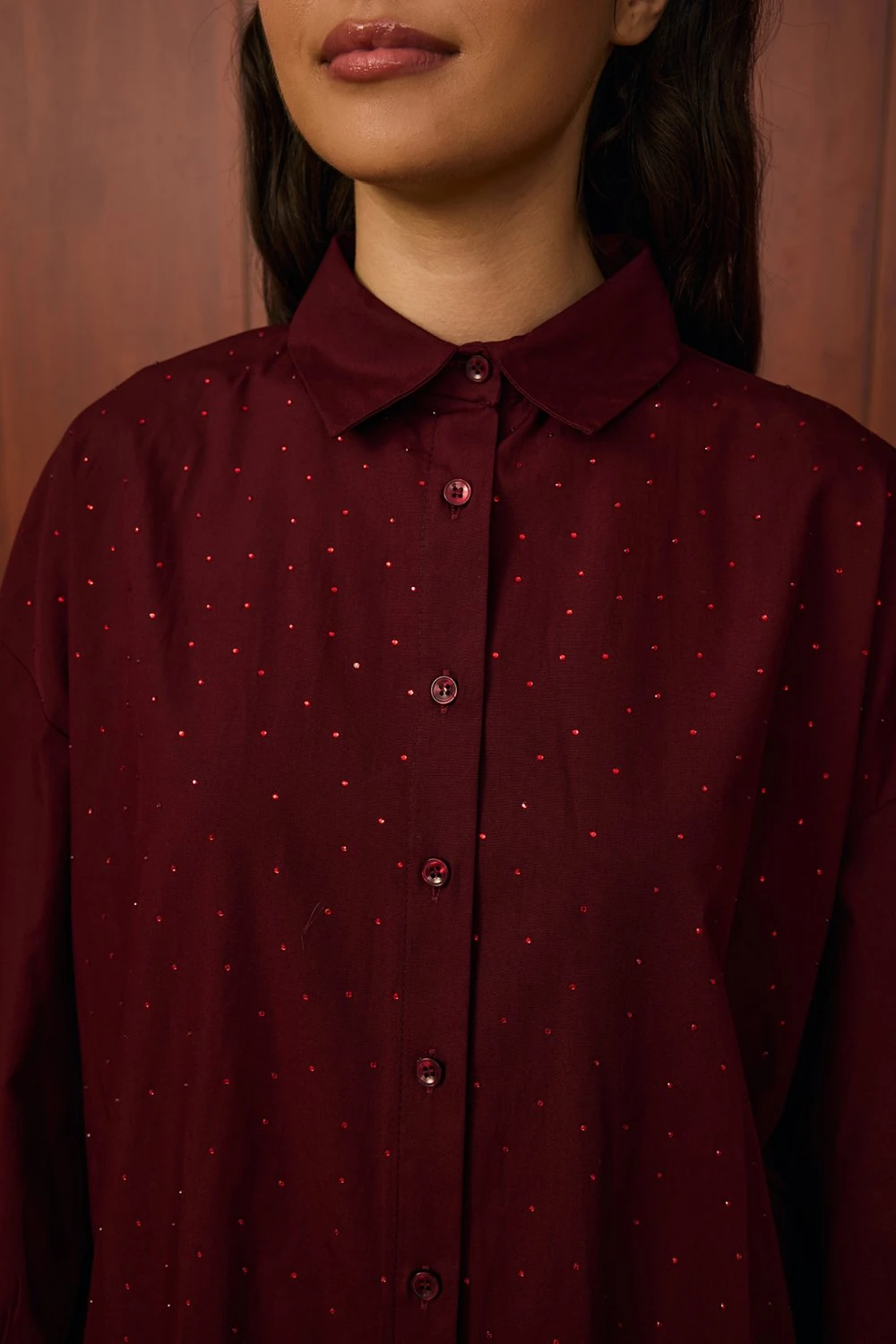 MERWİSH SHİNE PLUS UZUN GÖMLEK - BORDO