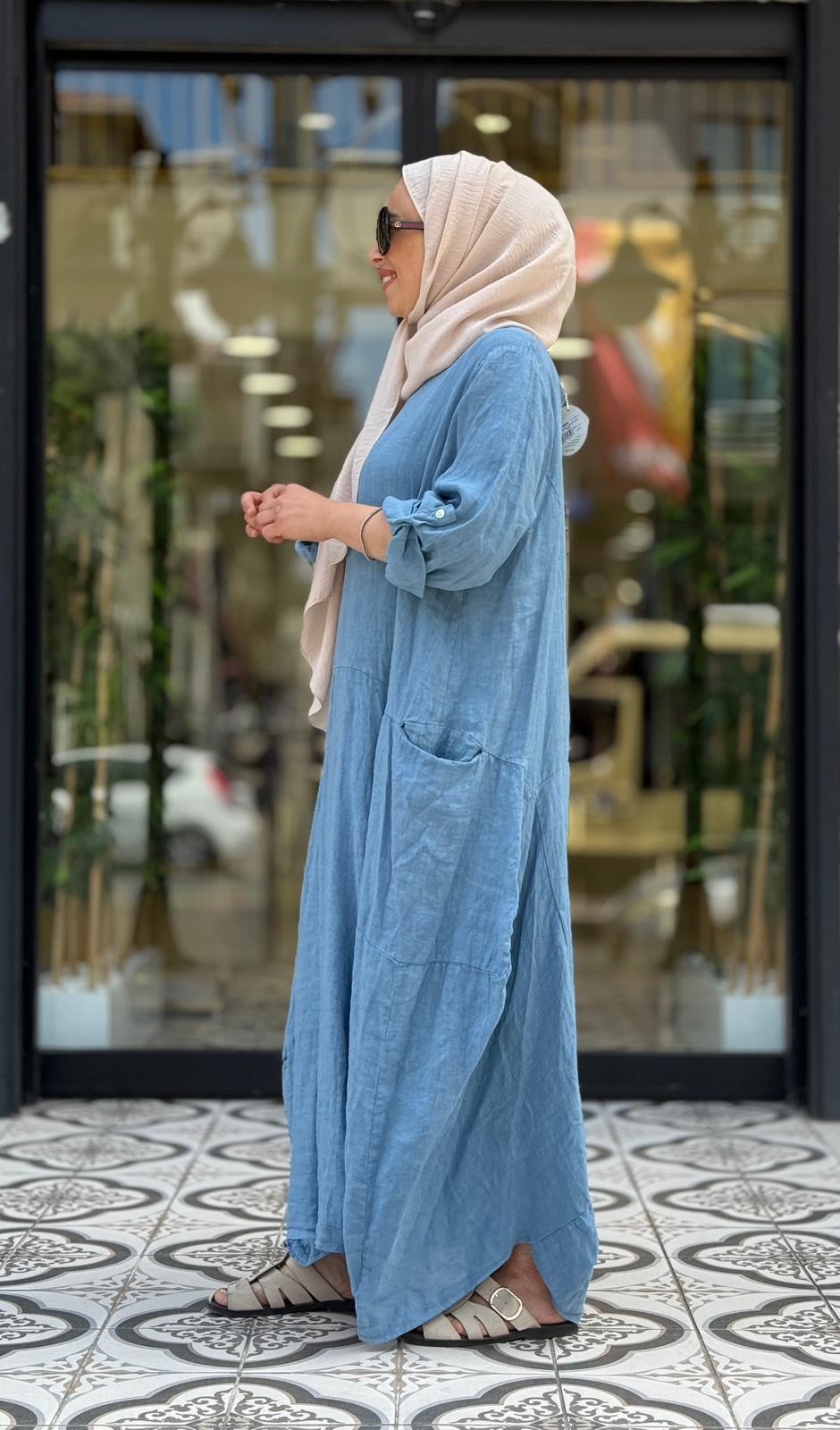 FLORA KETEN ELBİSE - BEBE MAVİ