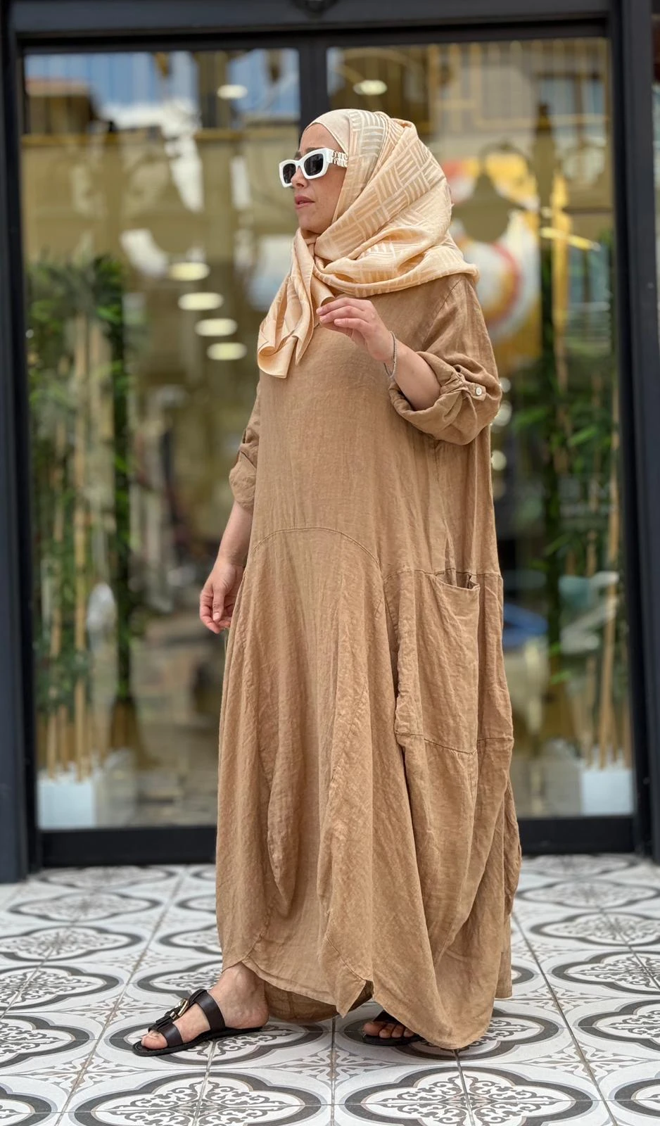 FLORA KETEN ELBİSE - CAPPUCCİNO
