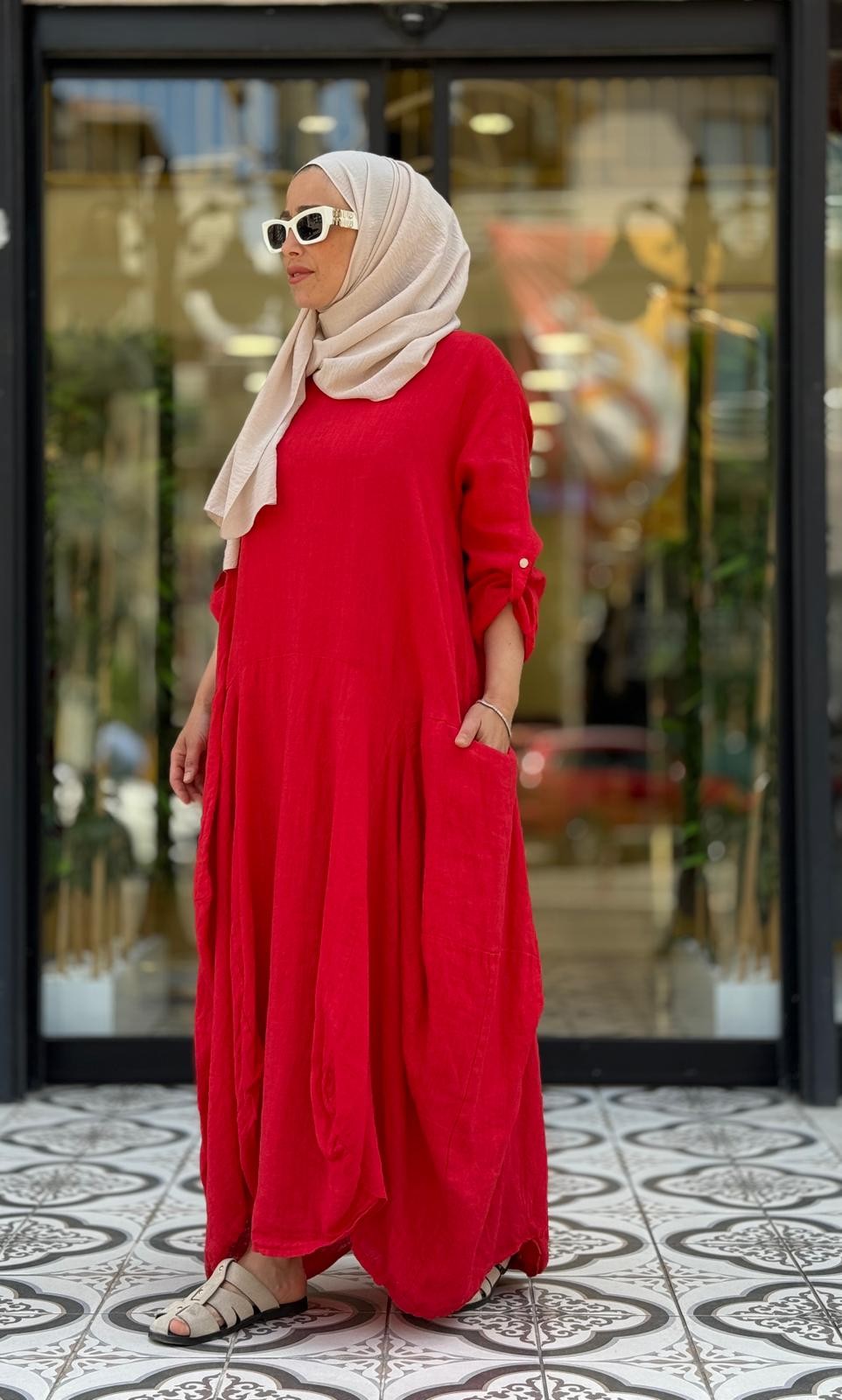 FLORA KETEN ELBİSE - KIRMIZI