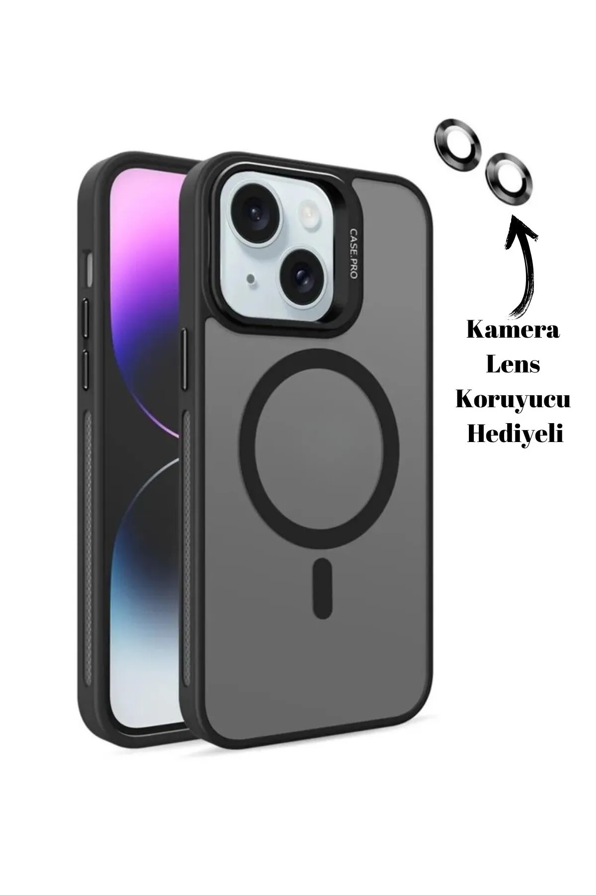 Apple iPhone 15 Şeffaf Kılıf Kamera Lens Korumalı Standlı Klon Lensli Kapak - Siyah Çerçeveli Şeffaf Kılıf