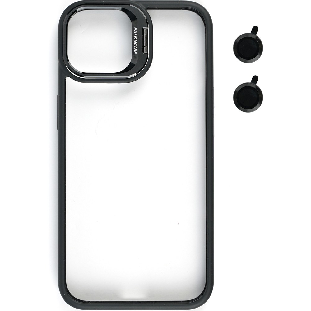 Apple iPhone 15 Şeffaf Kılıf Kamera Lens Korumalı Standlı Klon Lensli Kapak