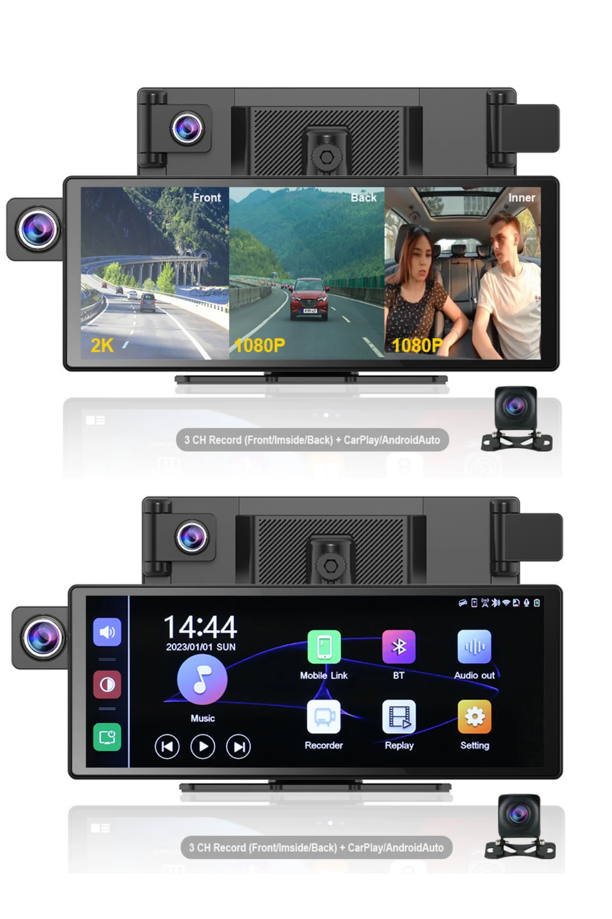 Ekranlı Carplay Apple Android Uyumlu 10.3 inç 2K Görüntü Arka/Ön/İç Görüş Kameralı Araç Ekranı