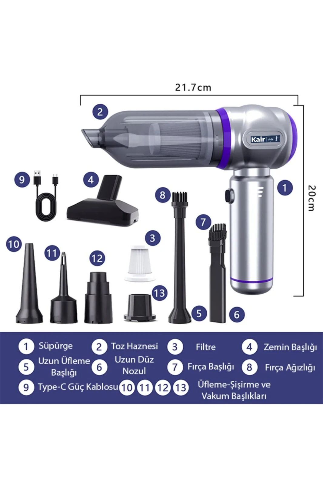Kairtech  16000Pa Güçlü Vakumlu Kablosuz Üflemeli  Araç Süpürgesi