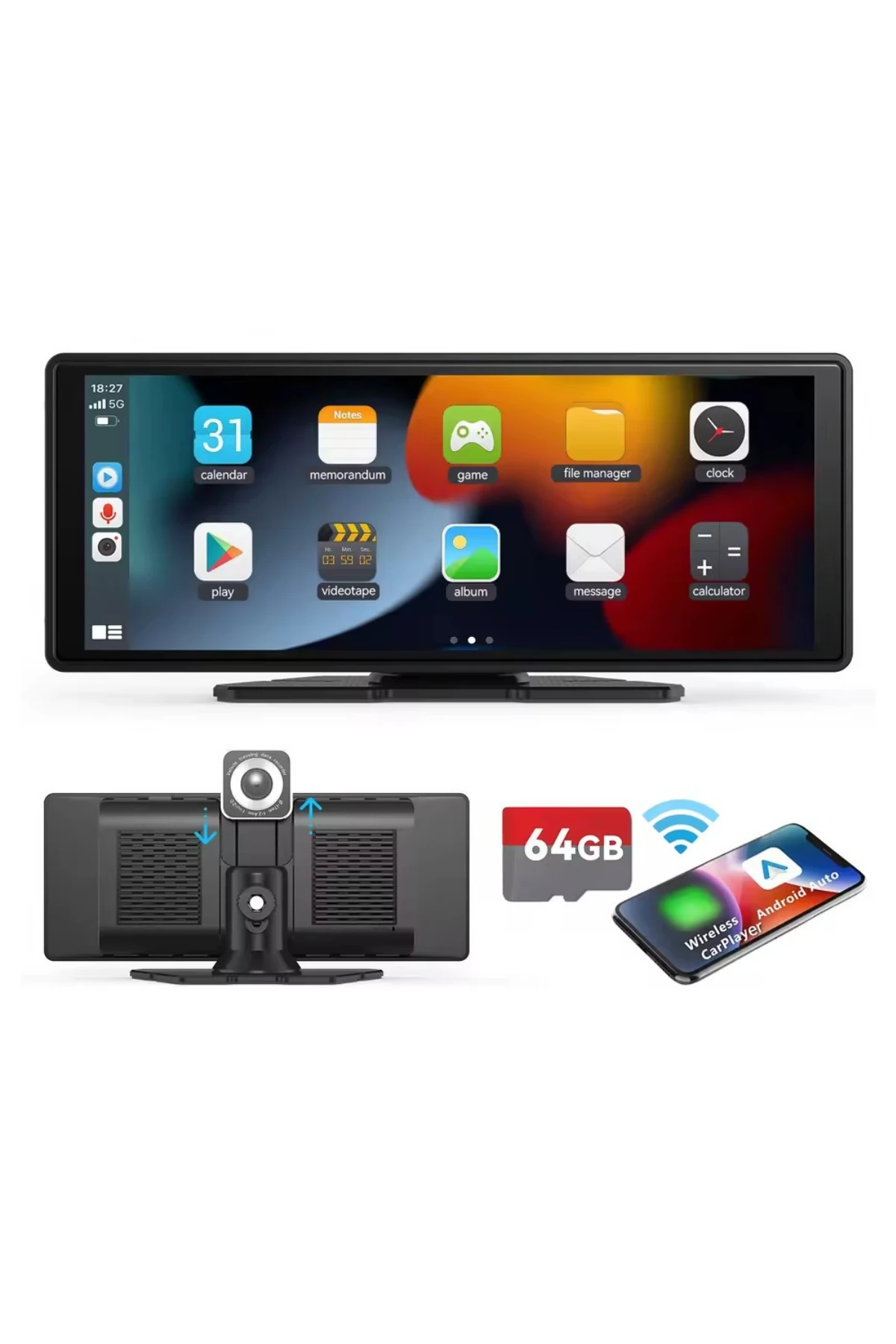 Kairtech Ekranlı Carplay Apple Android Uyumlu 10.2 inç 4K Görüntü Arka/Ön Görüş Kameralı Araç Ekranı