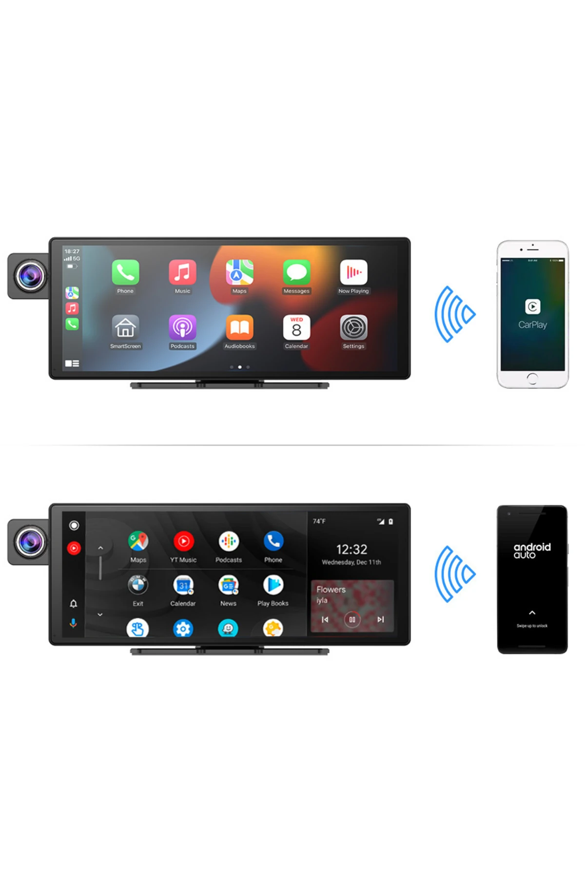Ekranlı Carplay Apple Android Uyumlu 10.3 inç 2K Görüntü Arka/Ön/İç Görüş Kameralı Araç Ekranı