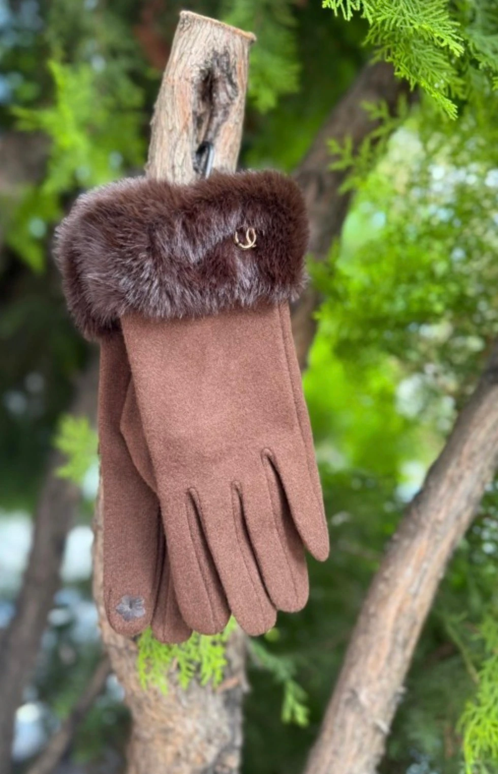 Kürklü Dokunmatik Kahverengi Eldiven