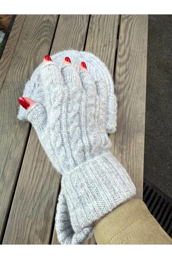 Örgü Desen Gri Bere Ve Kesik Eldiven