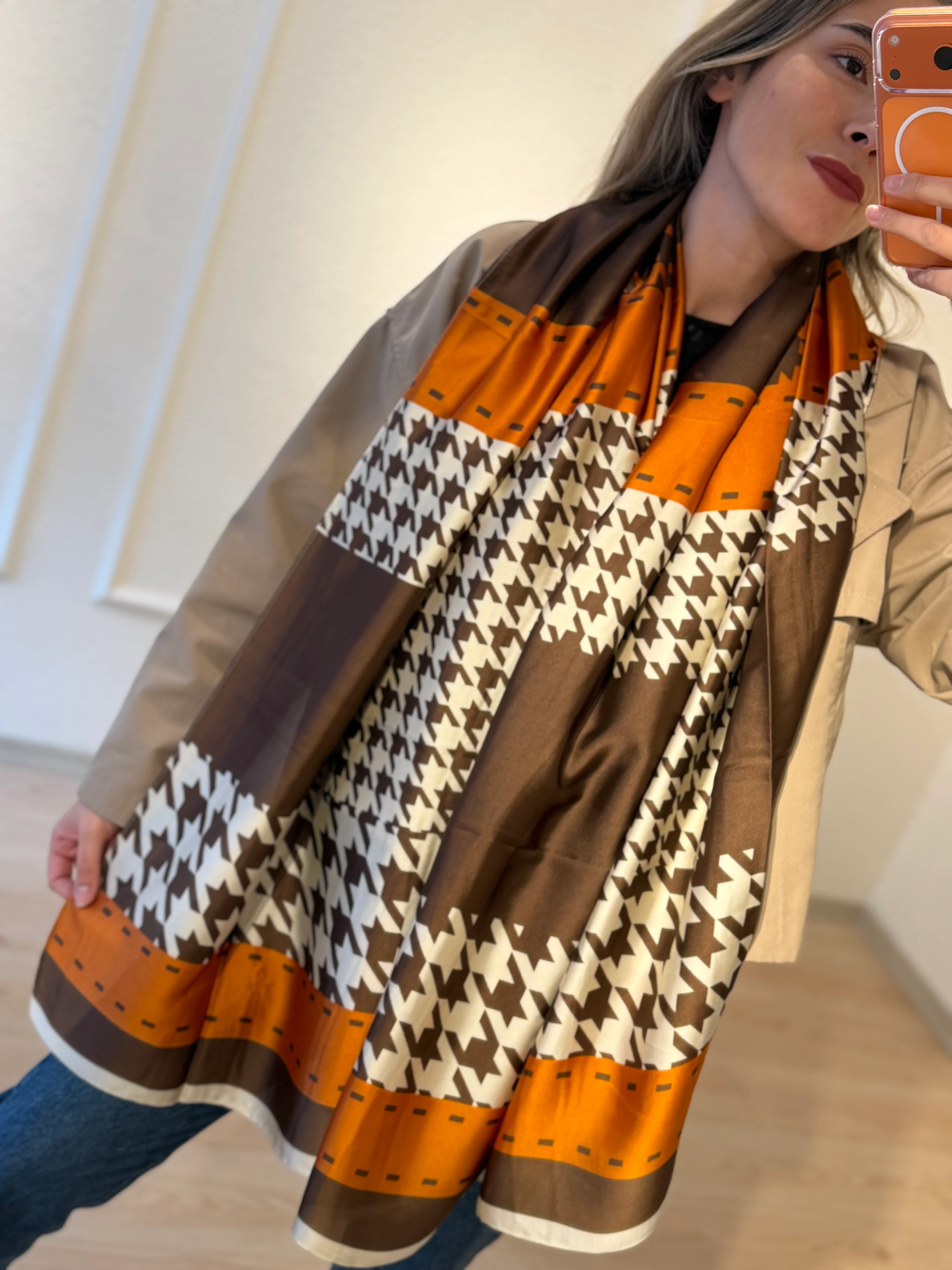 Turuncu Detay Kahve Şal Fular 90*180cm 