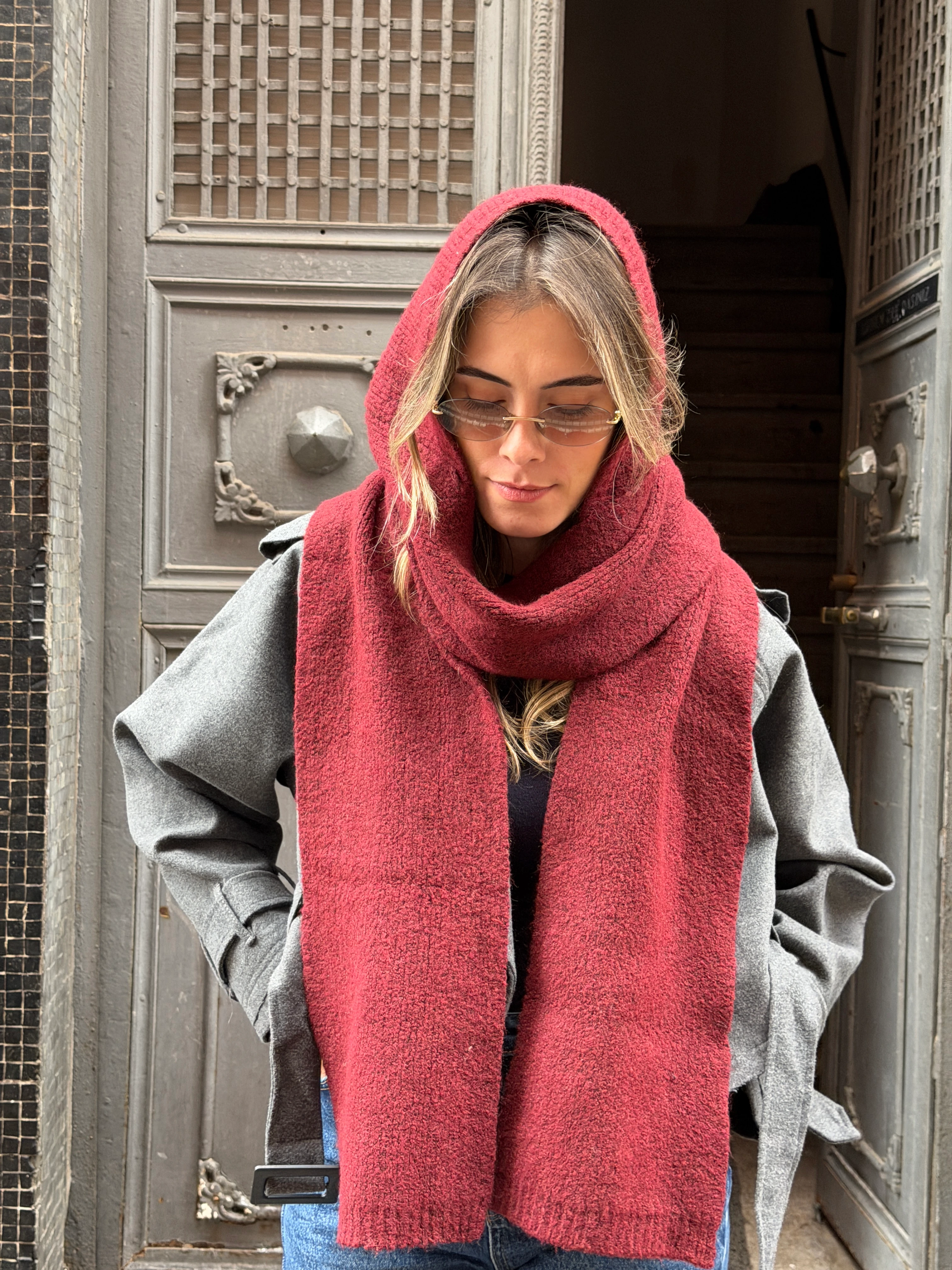 Kapüşonlu Tek Parça Bordo Atkı