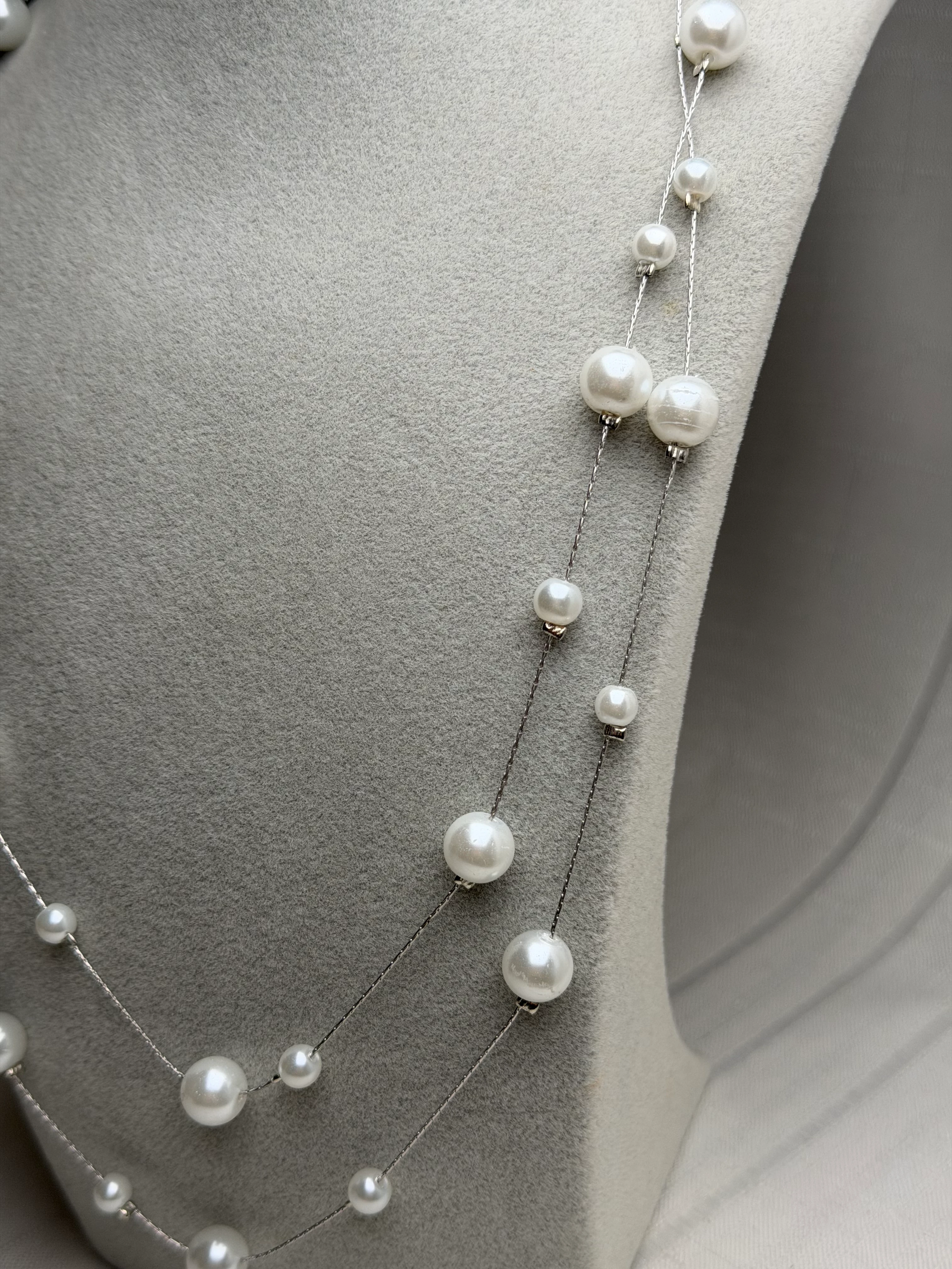 Gümüş Renk İkili İnci Kolye 70cm