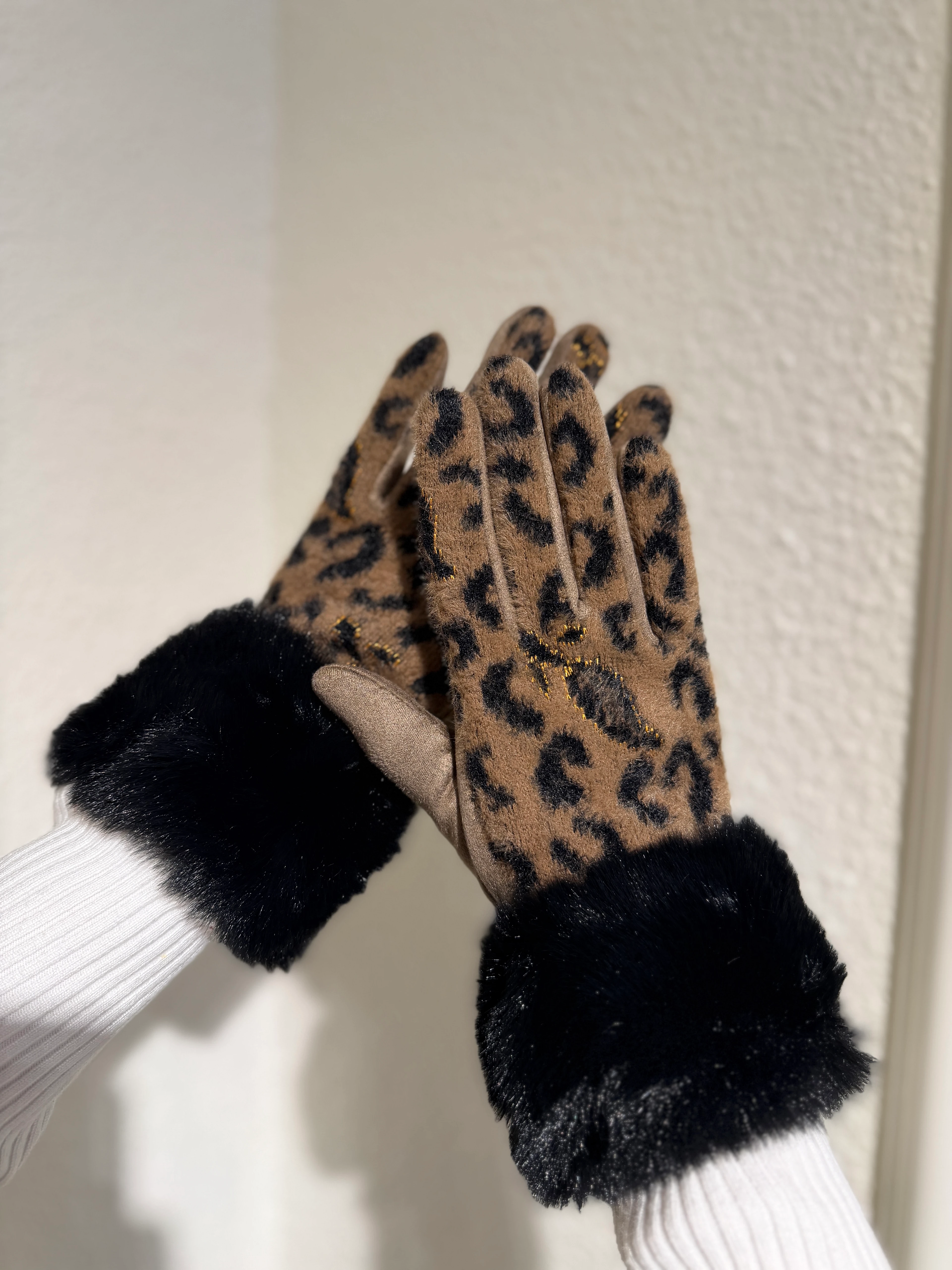 Kürklü Dokunmatik Leopar Desen Eldiven