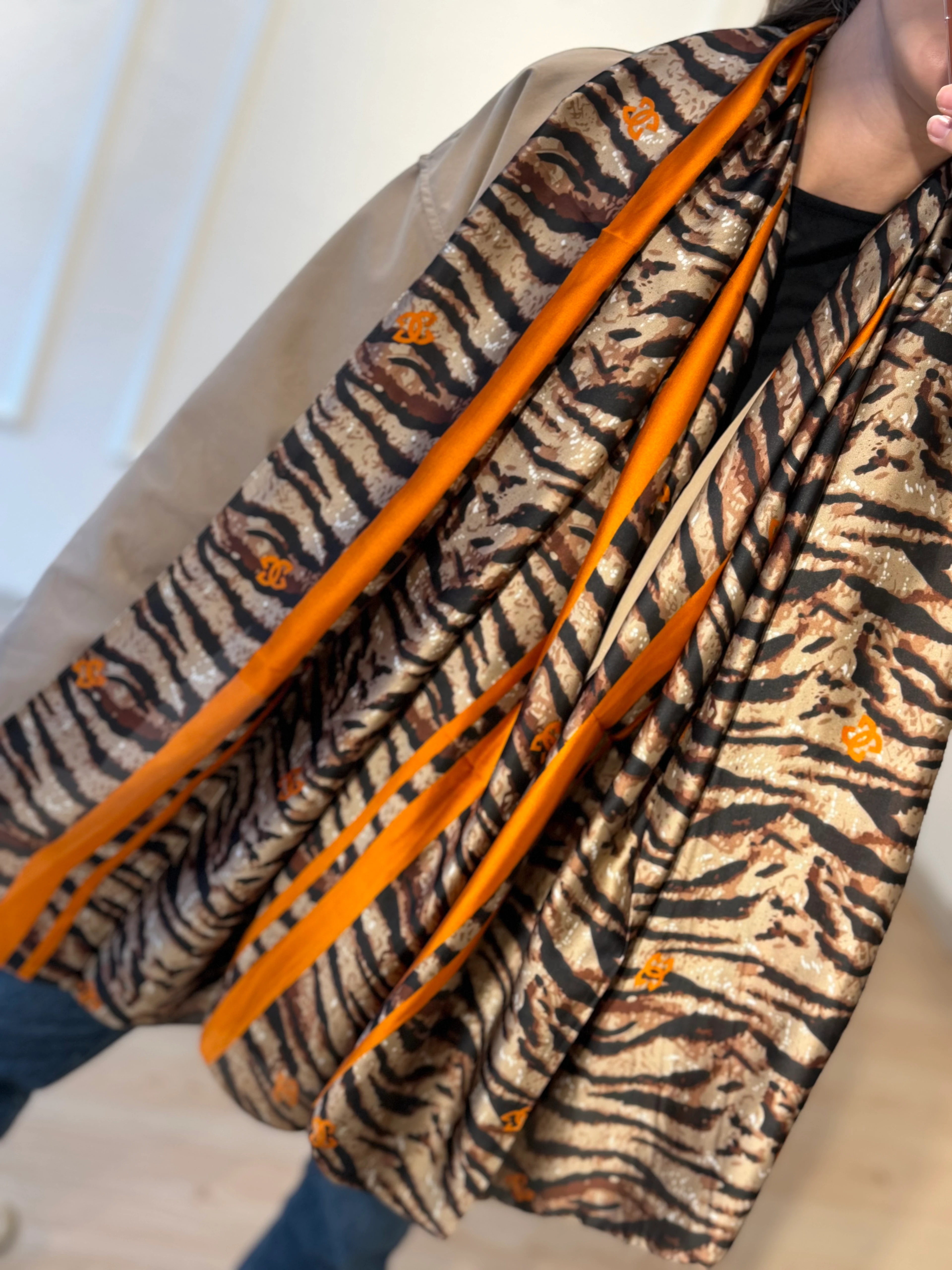 Turuncu Şeritli Leopar Şal Fular 90*180cm 