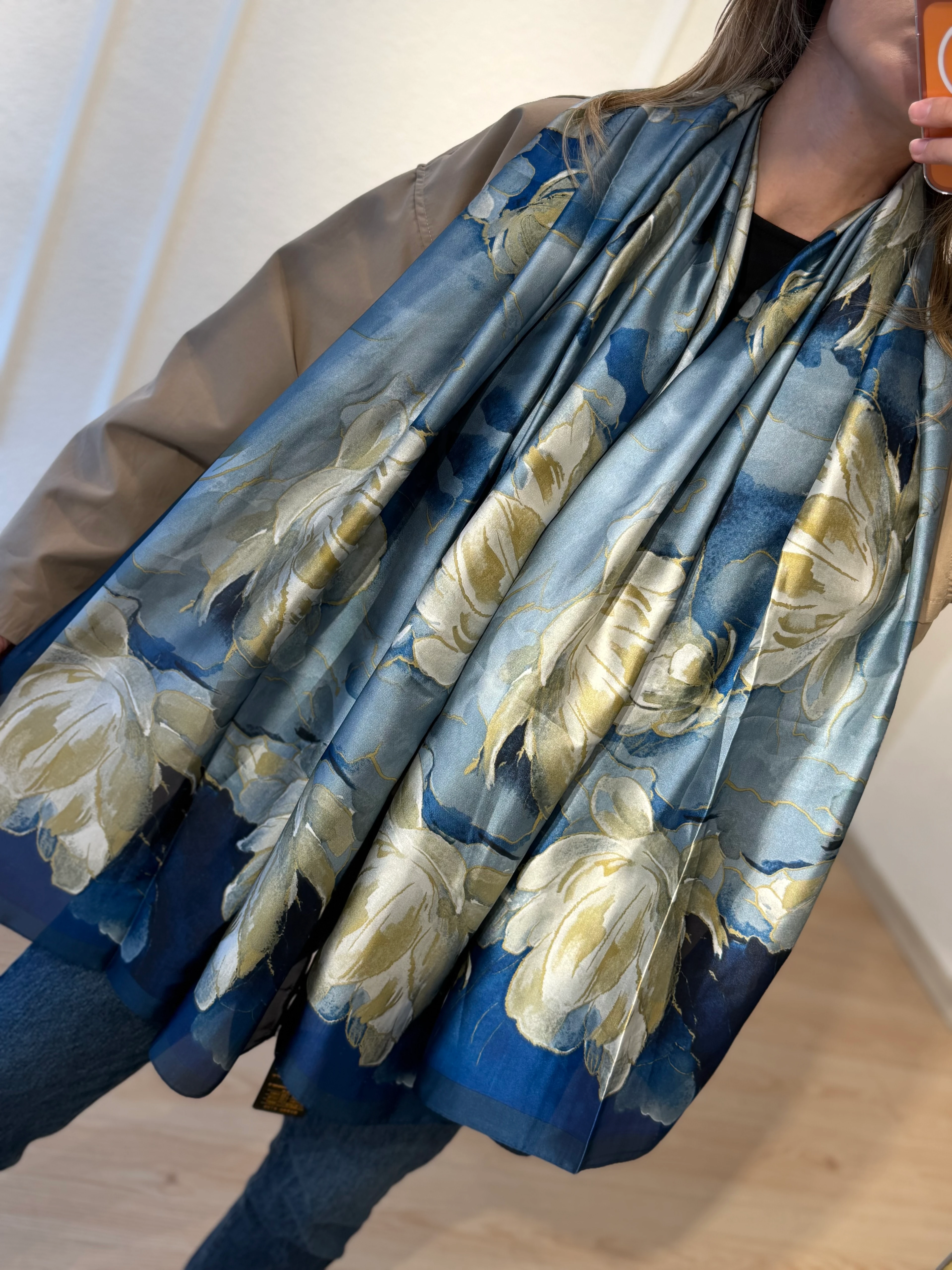 Mavi Çiçek Desen Şal Fular 90*180cm 