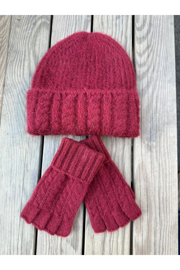 Örgü Desenli Bordo Bere Ve Kesik Eldiven