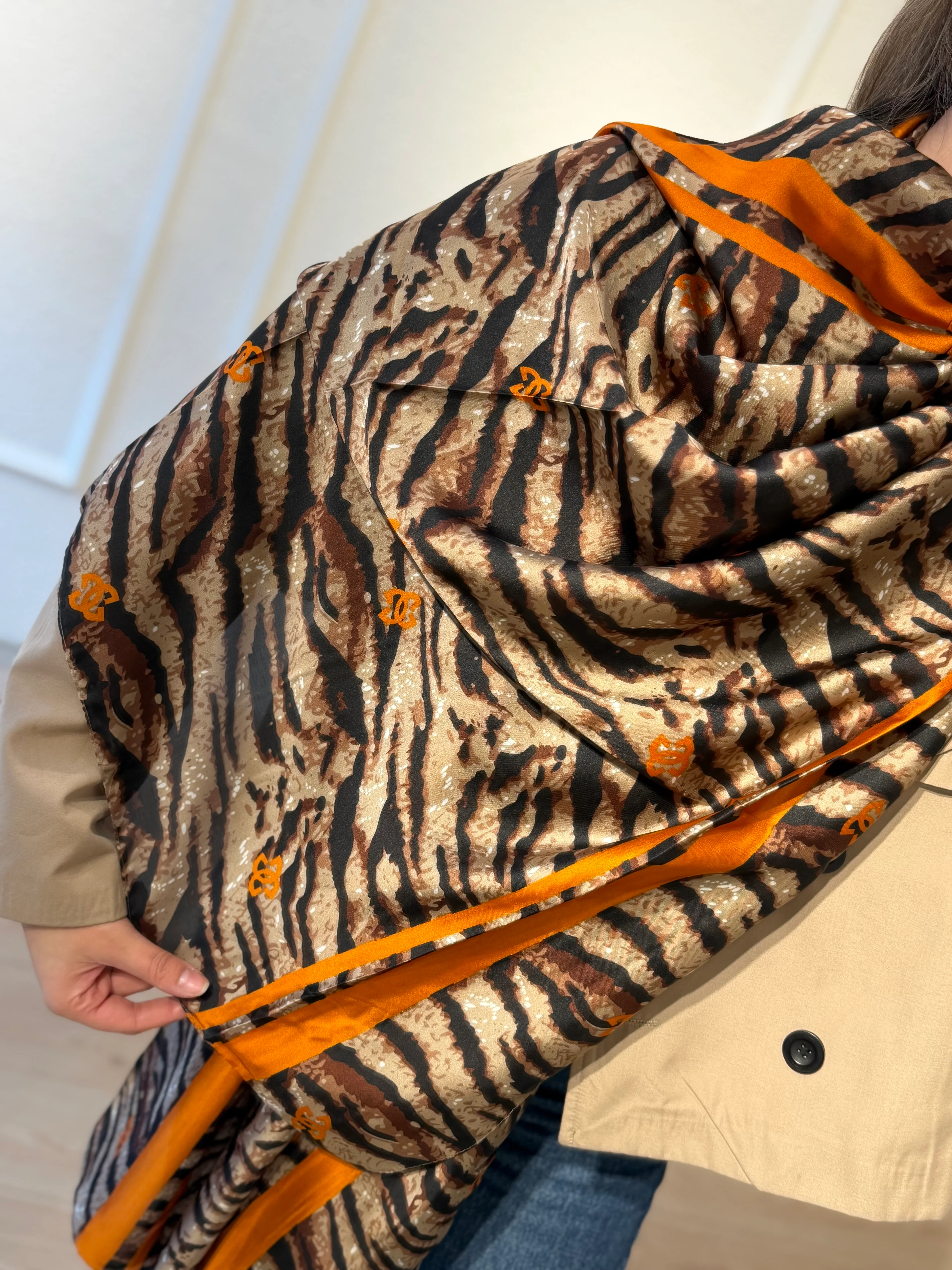 Turuncu Şeritli Leopar Şal Fular 90*180cm 