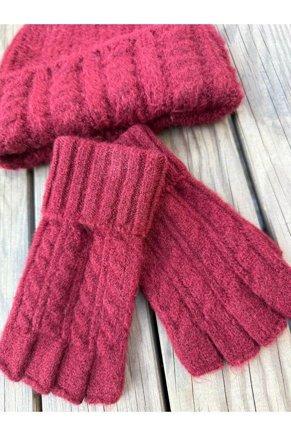 Örgü Desenli Bordo Bere Ve Kesik Eldiven