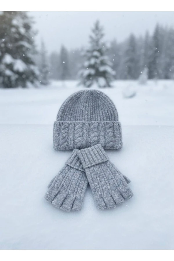 Örgü Desen Gri Bere Ve Kesik Eldiven