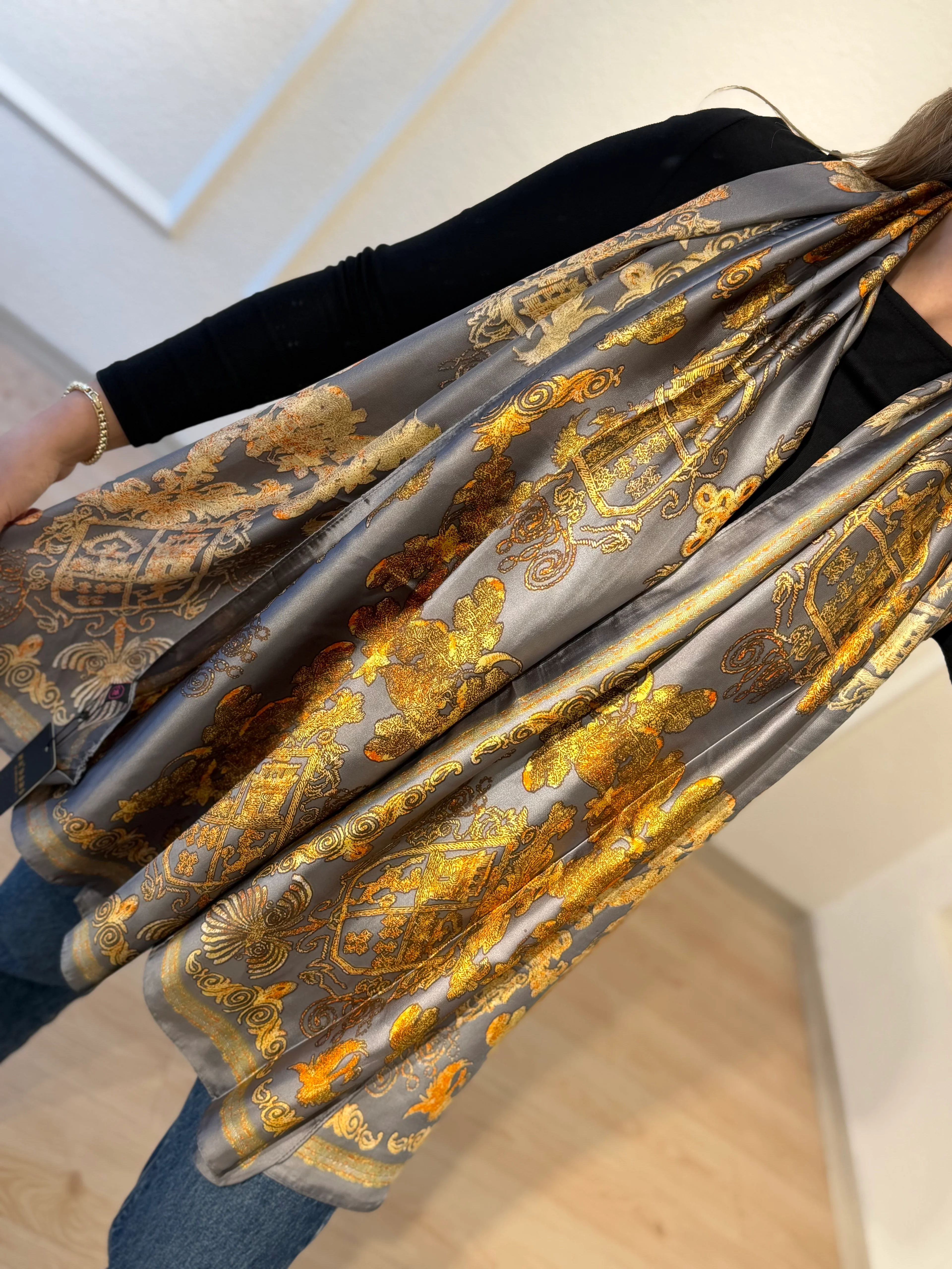 Gri Sarı Desenli Şal Fular 90*180cm