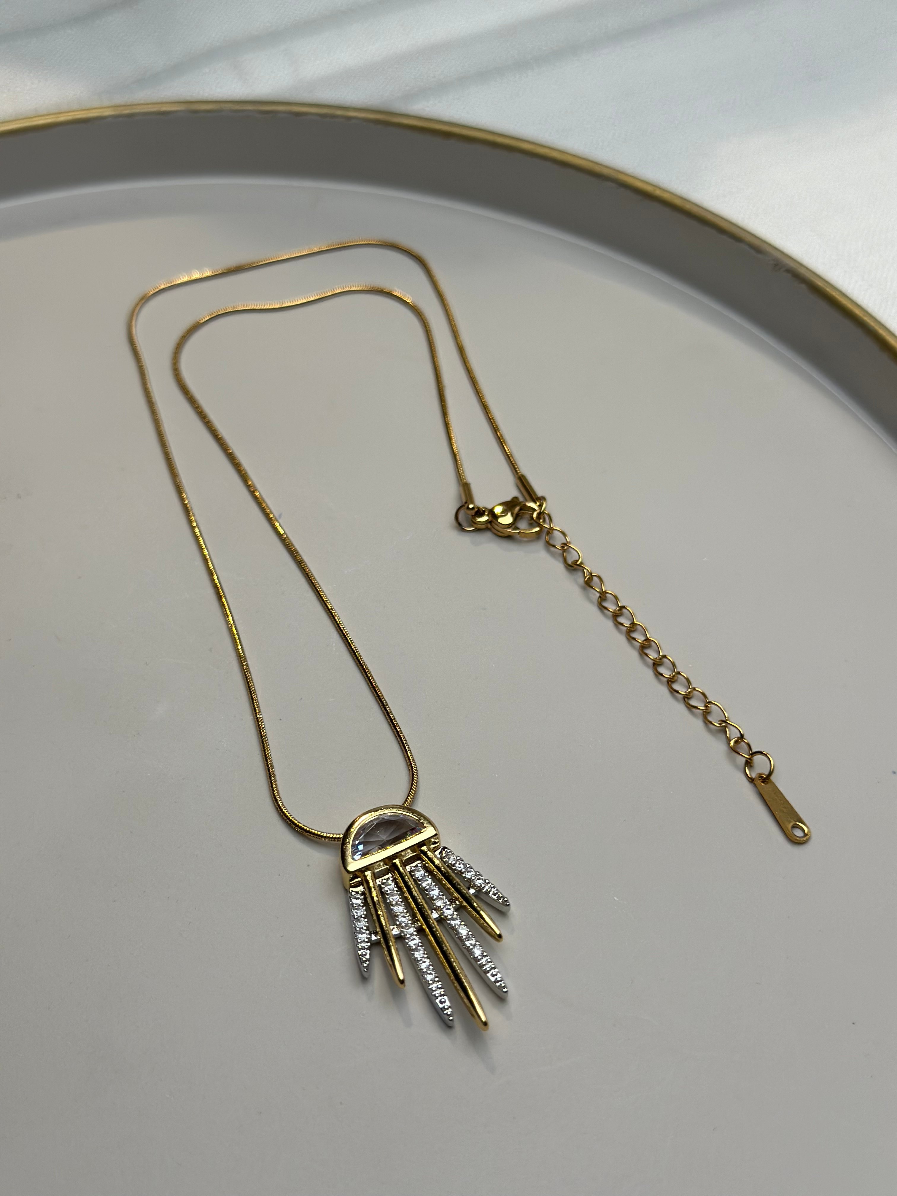Çelik Kolye Gold Renk Taşlı Diken Model 
