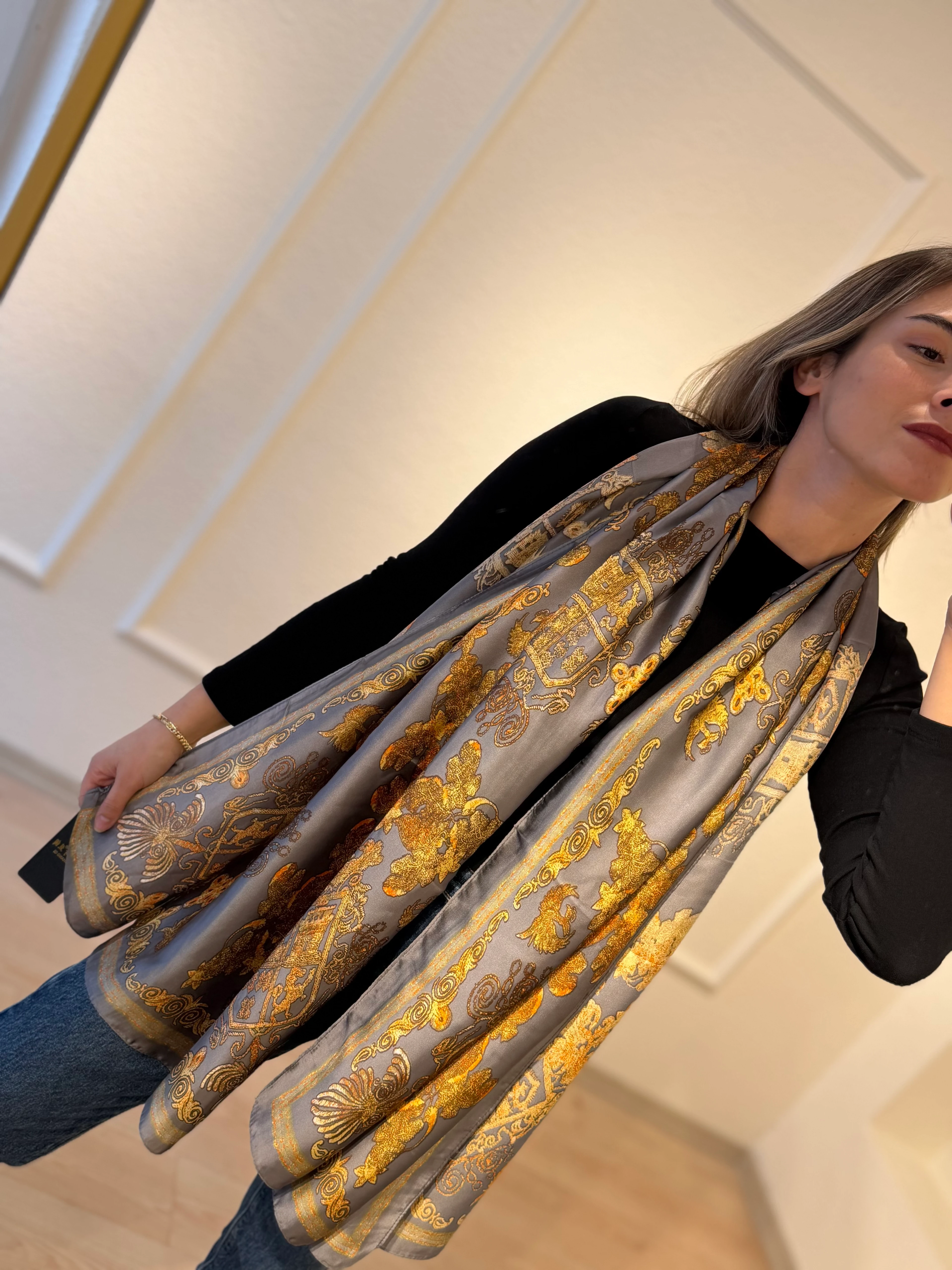 Gri Sarı Desenli Şal Fular 90*180cm