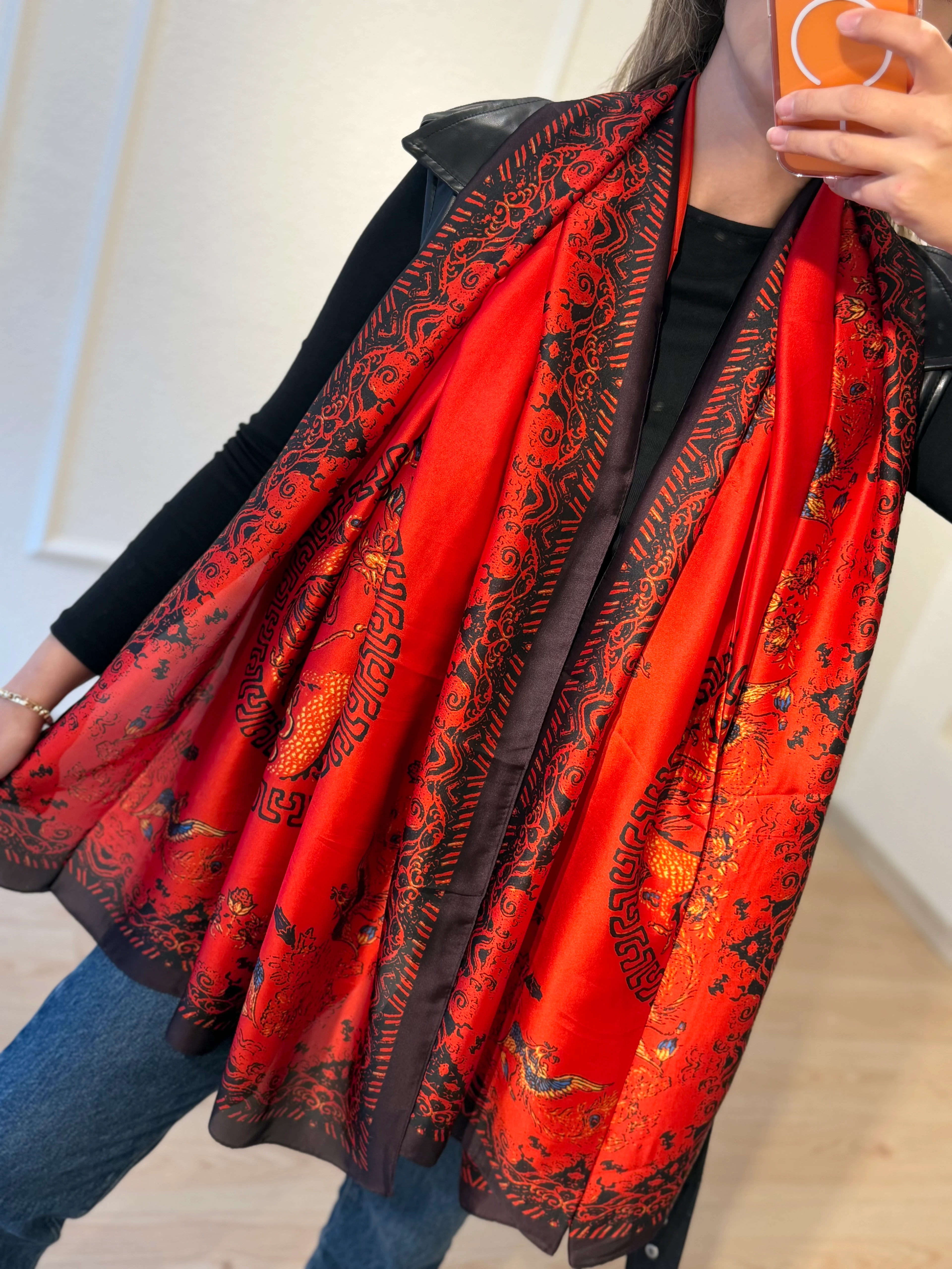 Kırmızı Desenli Fular Şal 90*180cm