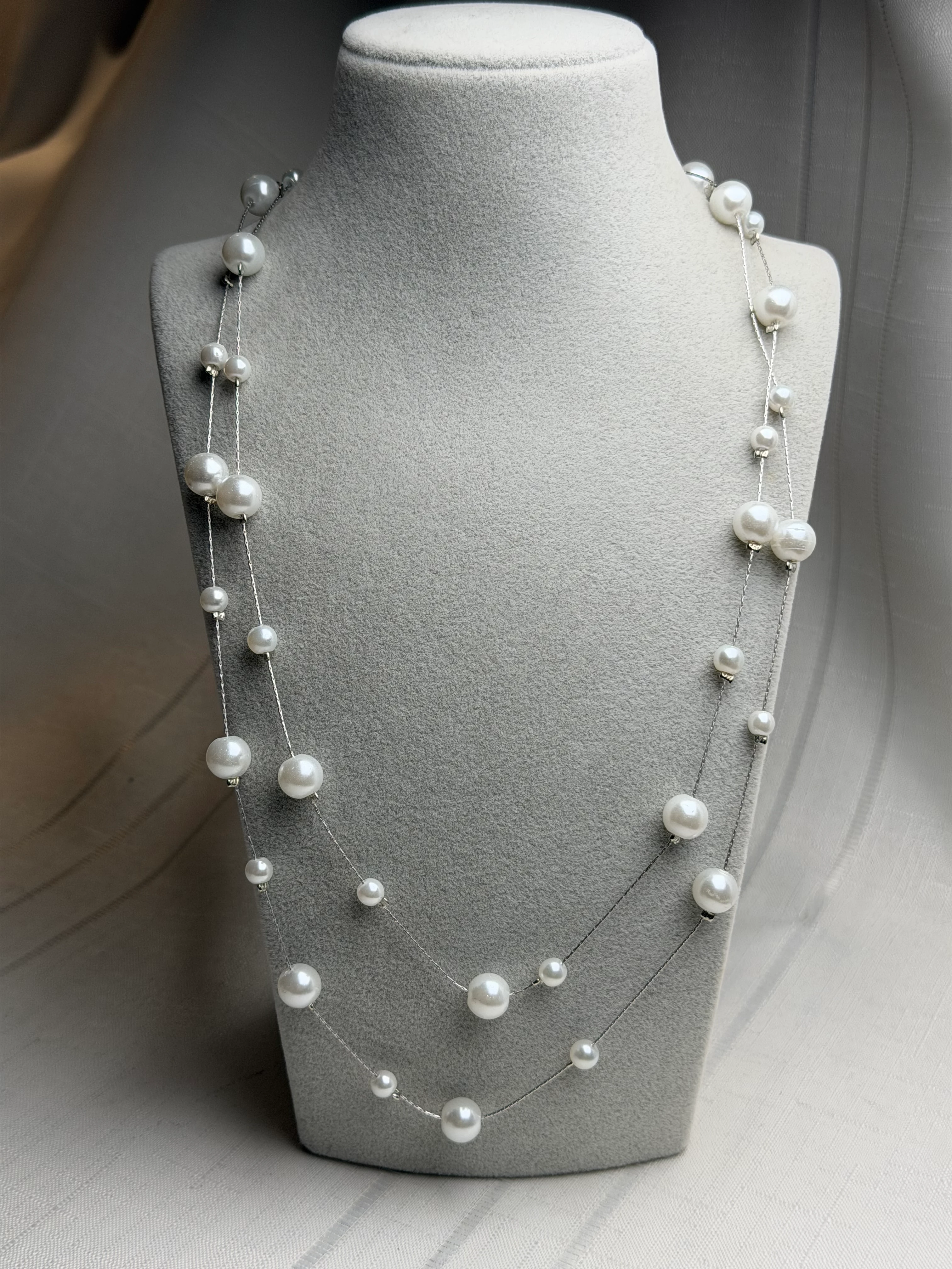 Gümüş Renk İkili İnci Kolye 70cm