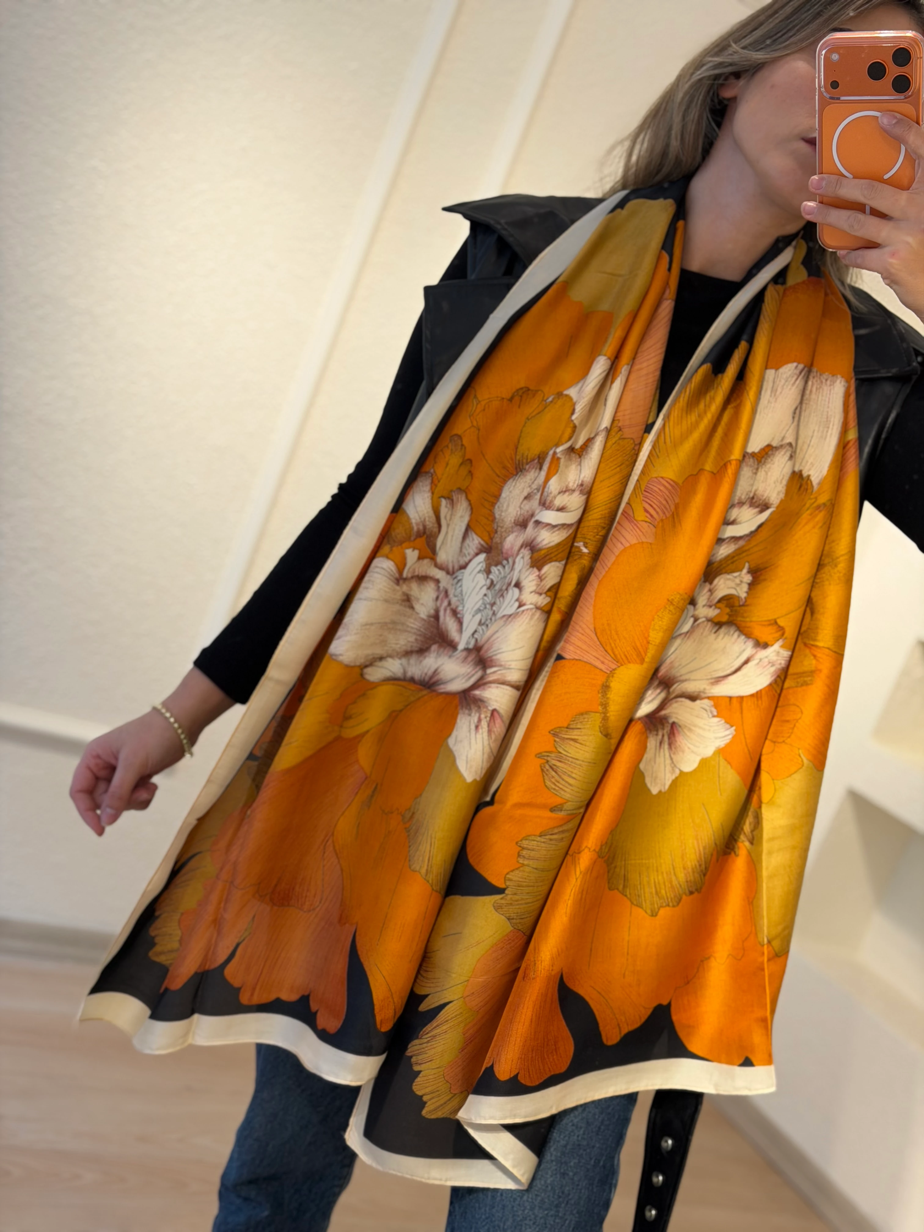 Turuncu Çiçek Fular Şal 90*180 cm