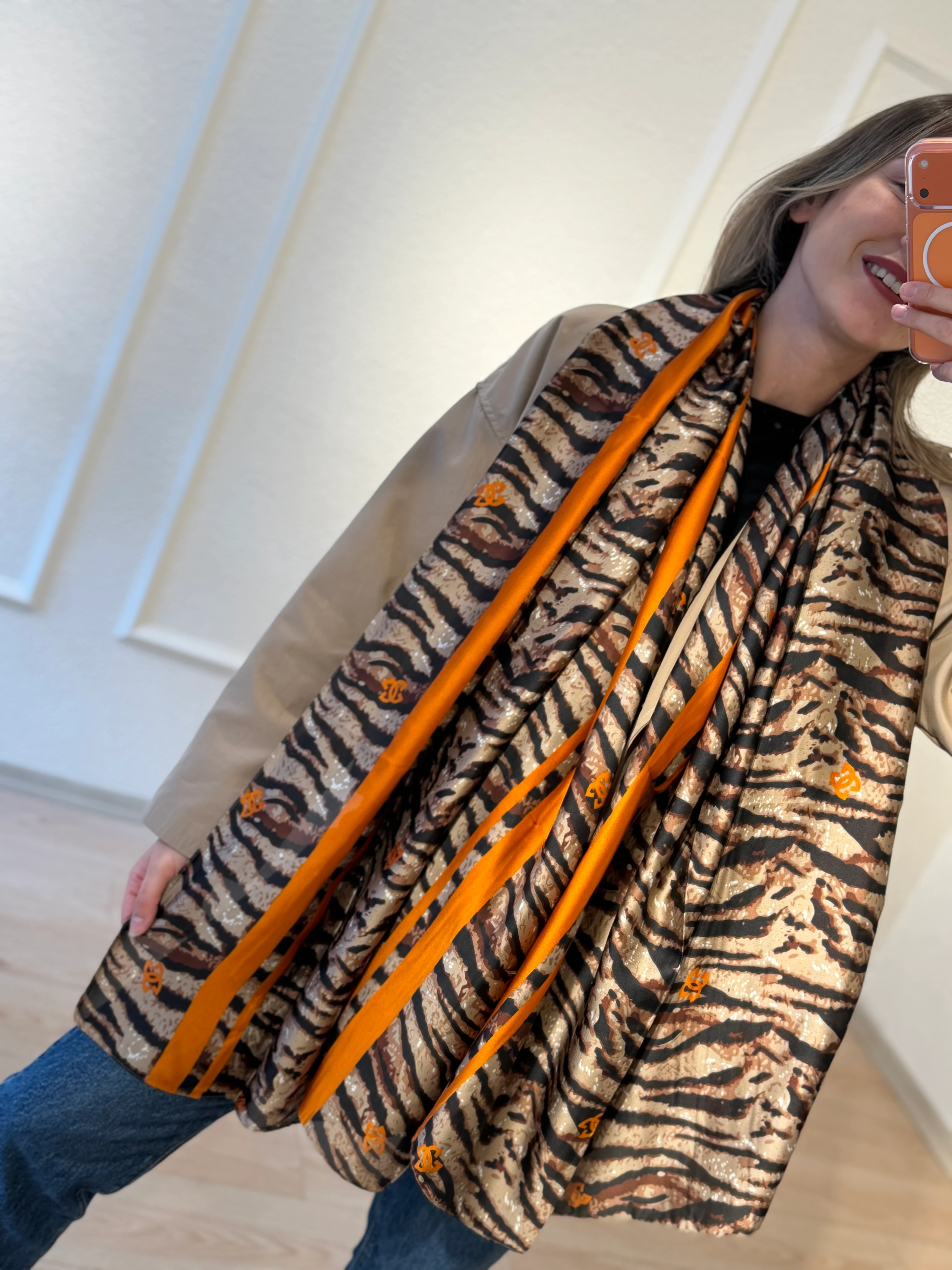 Turuncu Şeritli Leopar Şal Fular 90*180cm 