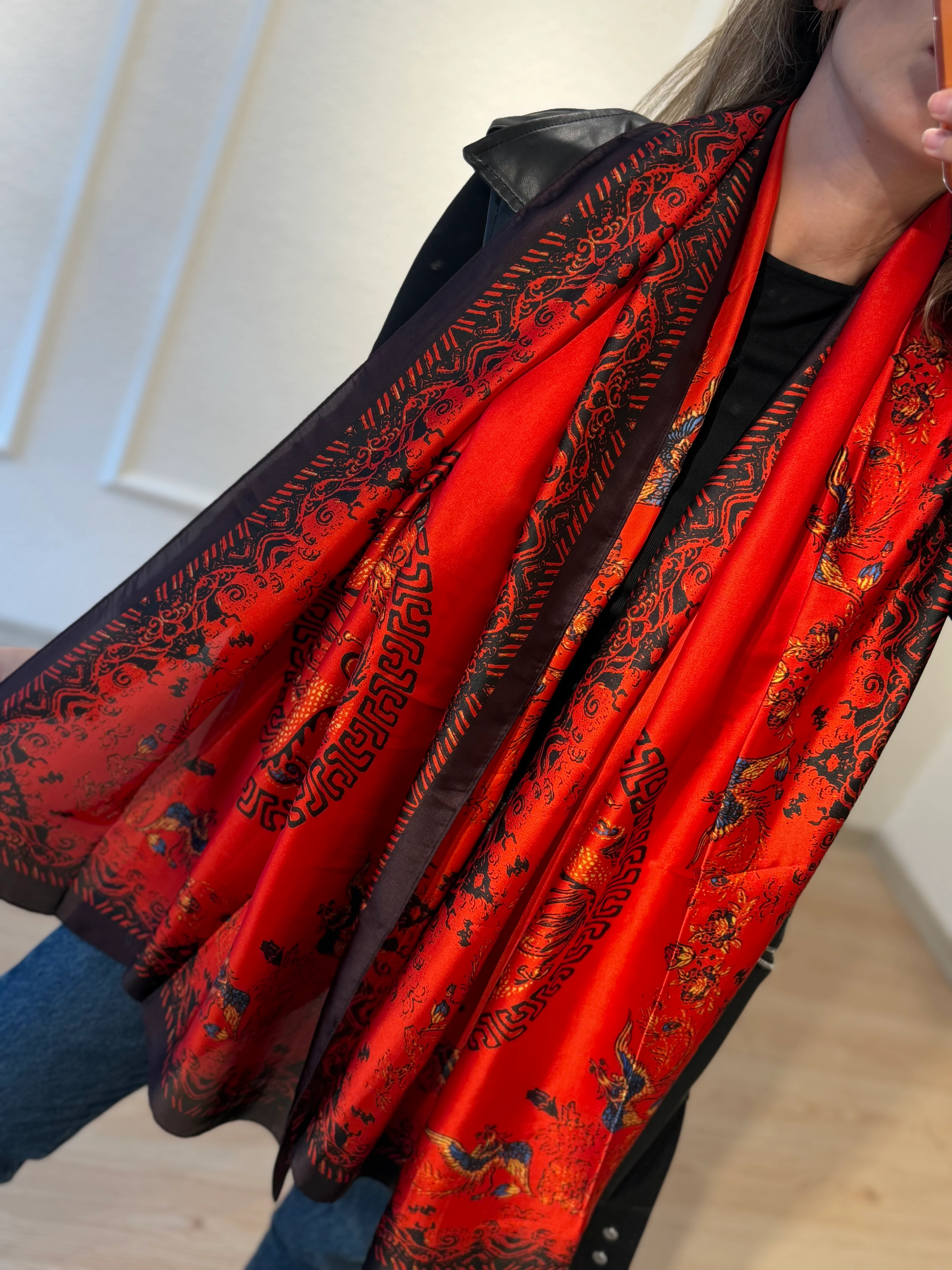 Kırmızı Desenli Fular Şal 90*180cm