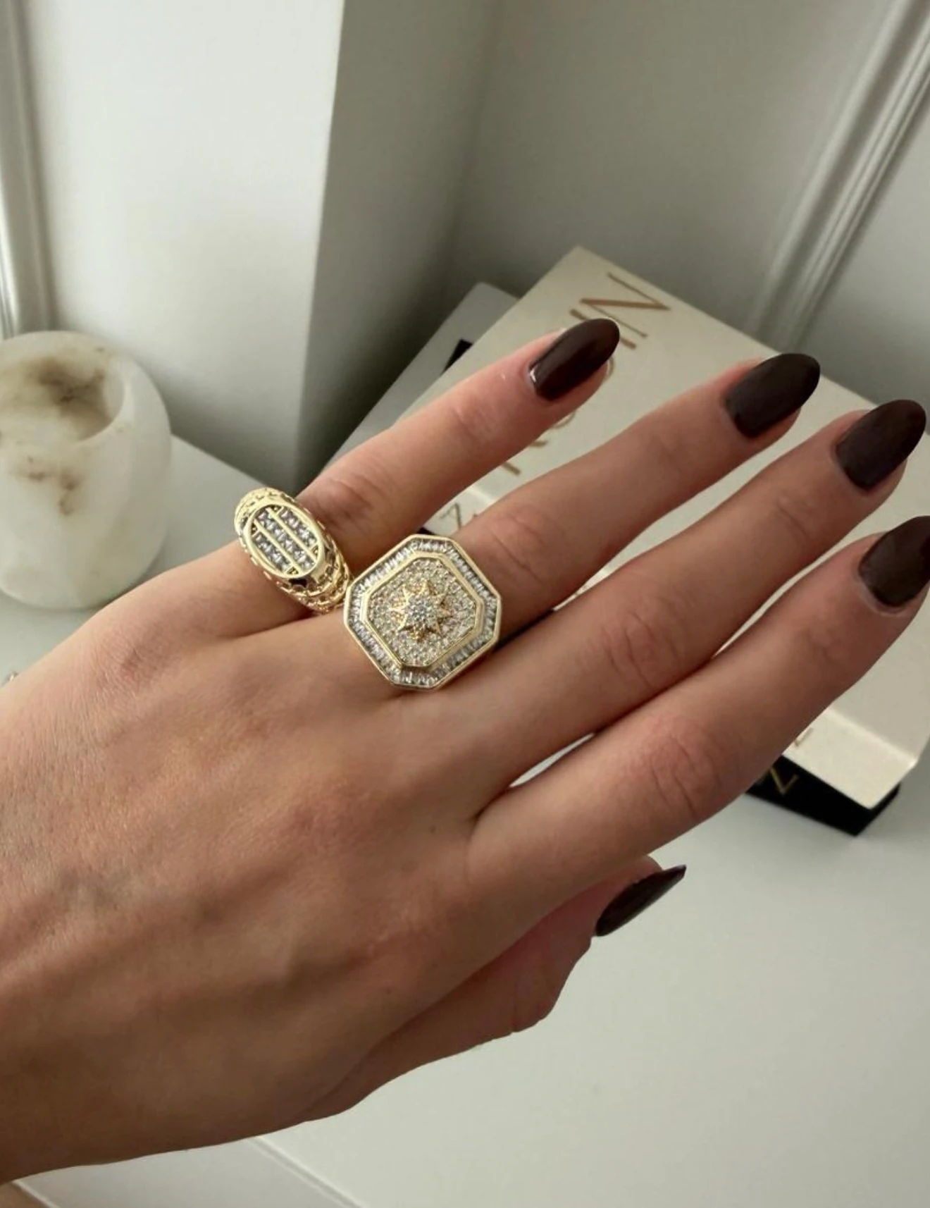 Özel Seri Marka Model Gold Renk Taşlı Kare Yıldız Yüzük