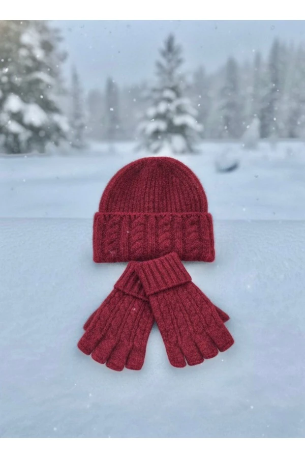 Örgü Desenli Bordo Bere Ve Kesik Eldiven