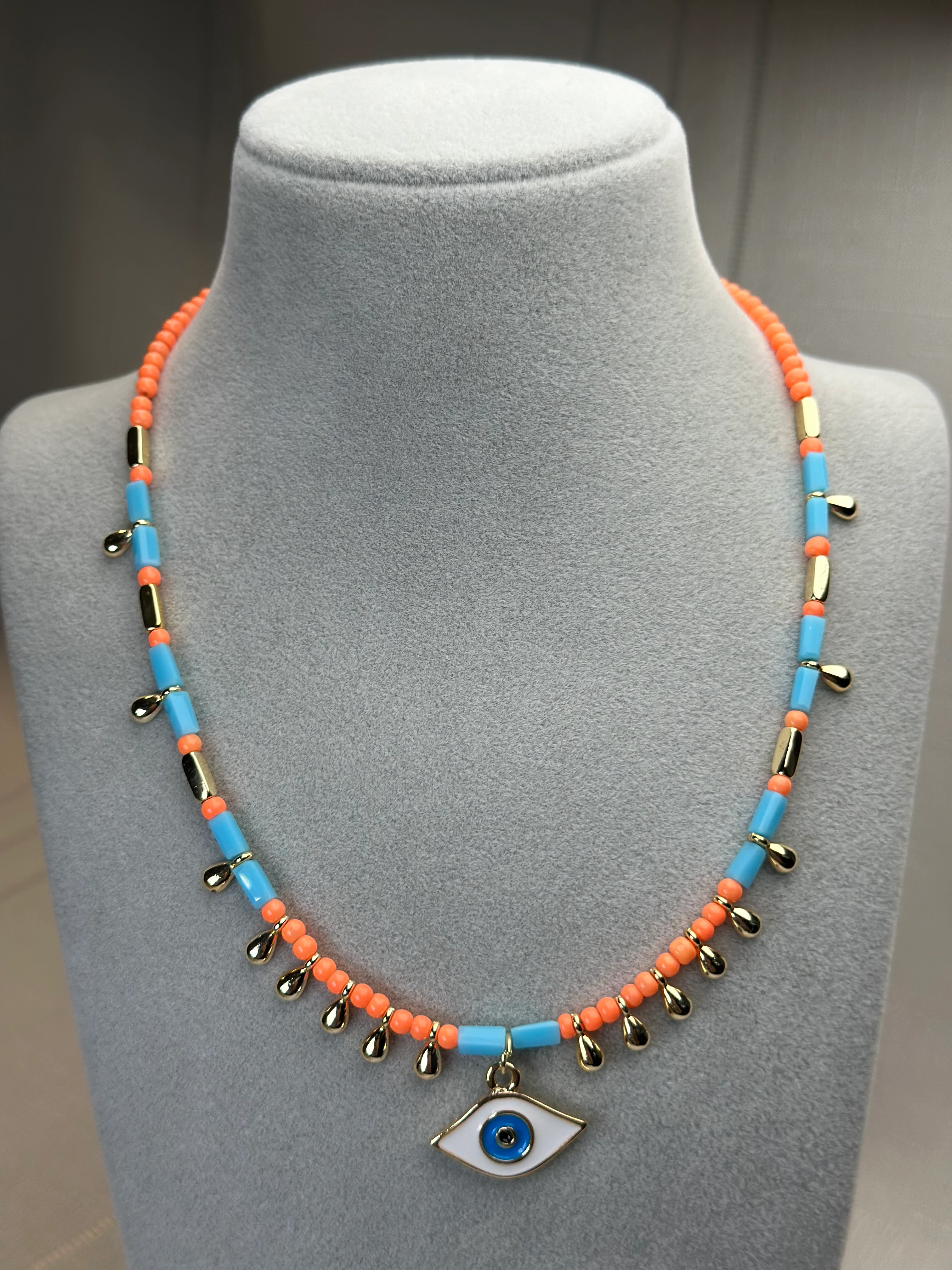Turuncu Mavi Boncuk Göz Kolye
