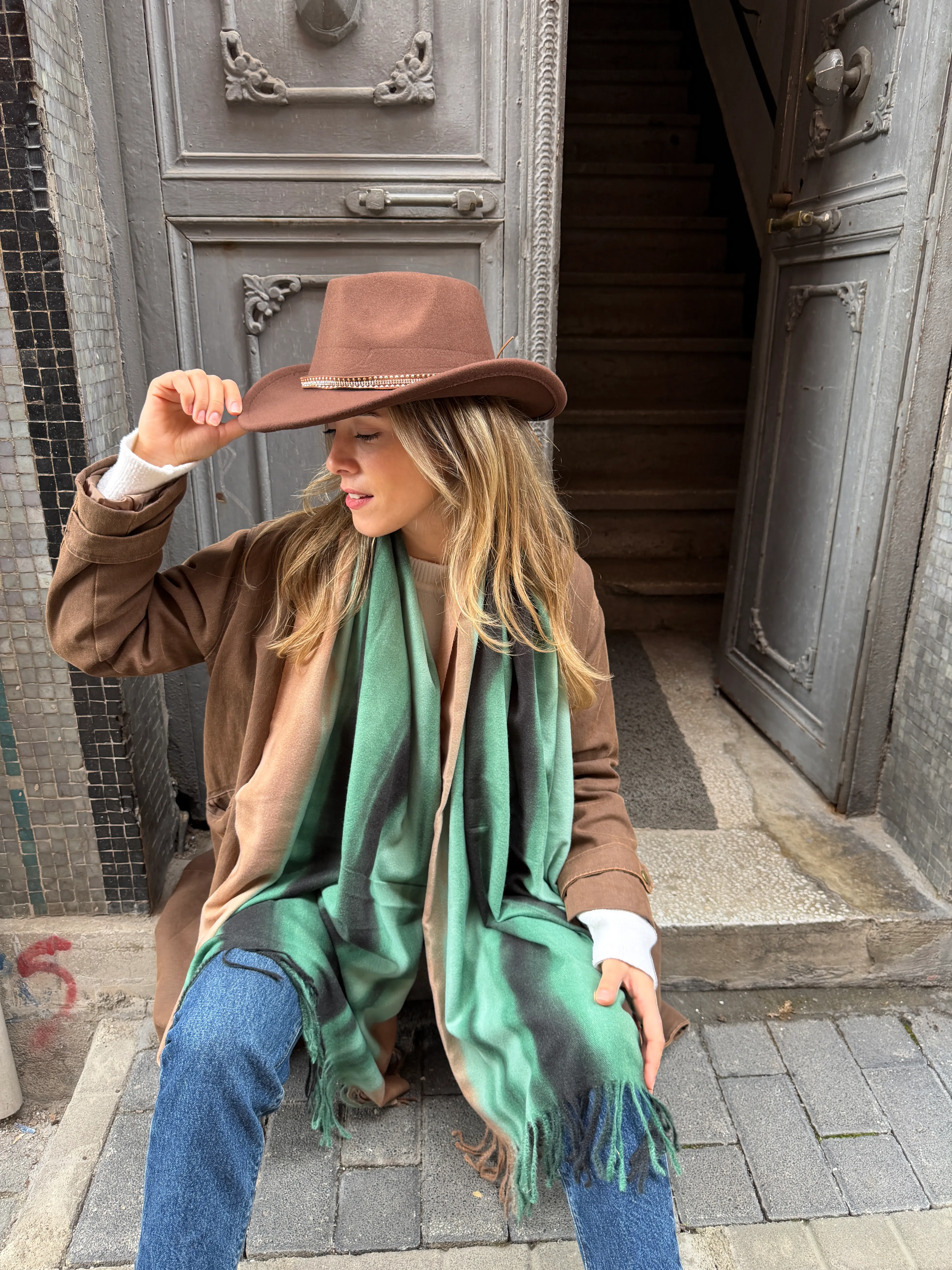 Kahverengi Taş Kemerli Kovboy Şapkası