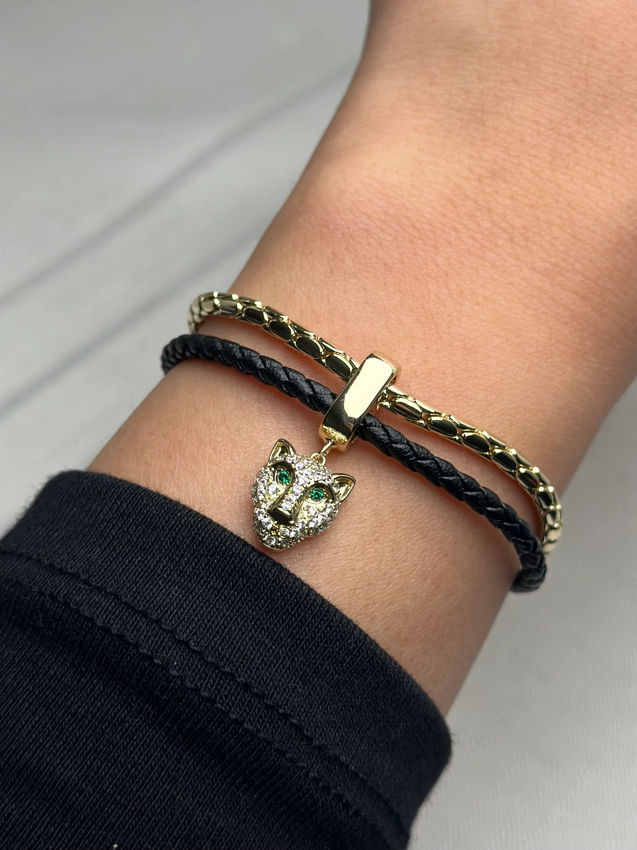 Özel Seri Deri Kordon Detay İkili Kaplan Bileklik