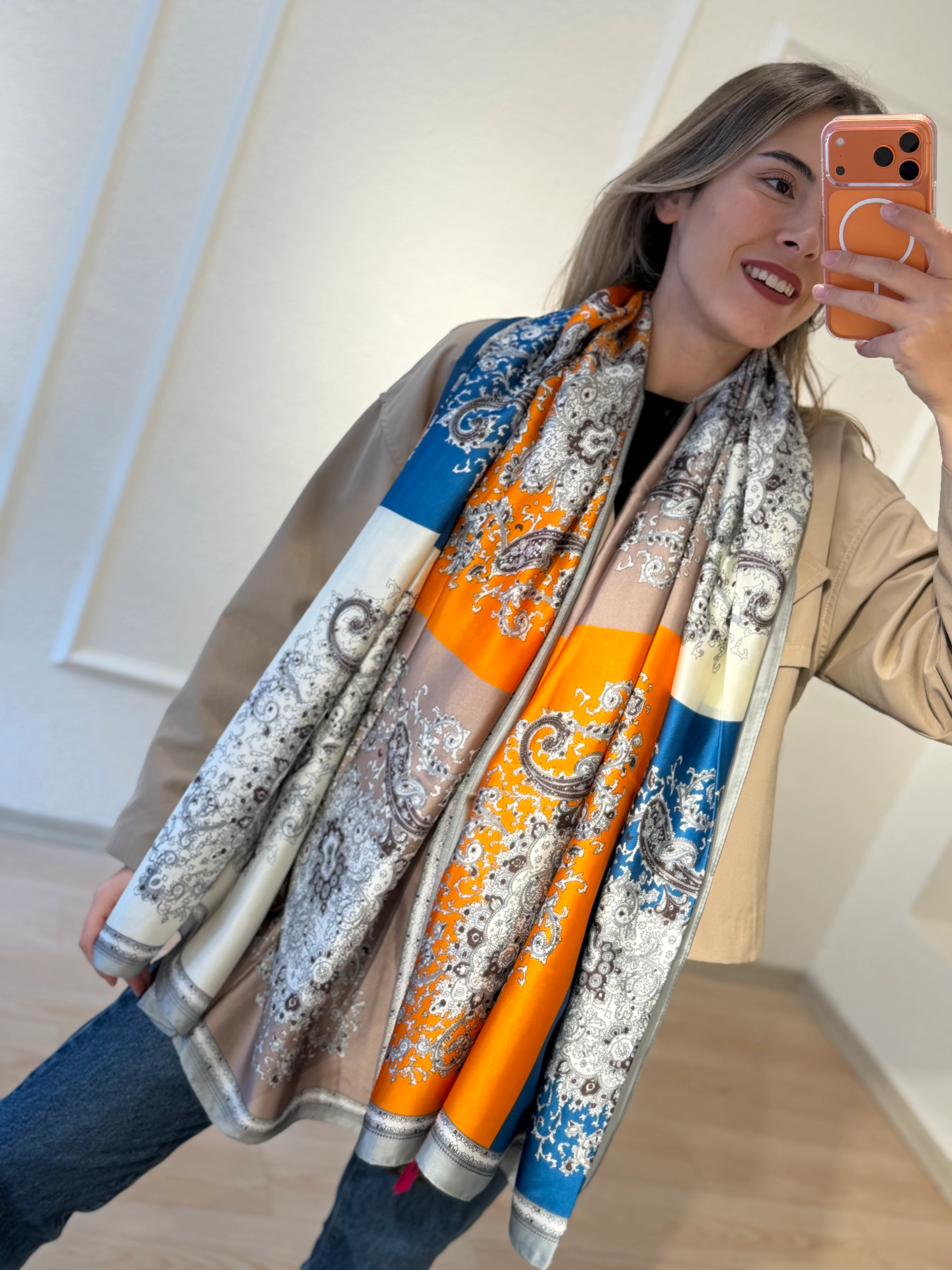 Turuncu Detay Renkli Şal Fular 90*180cm