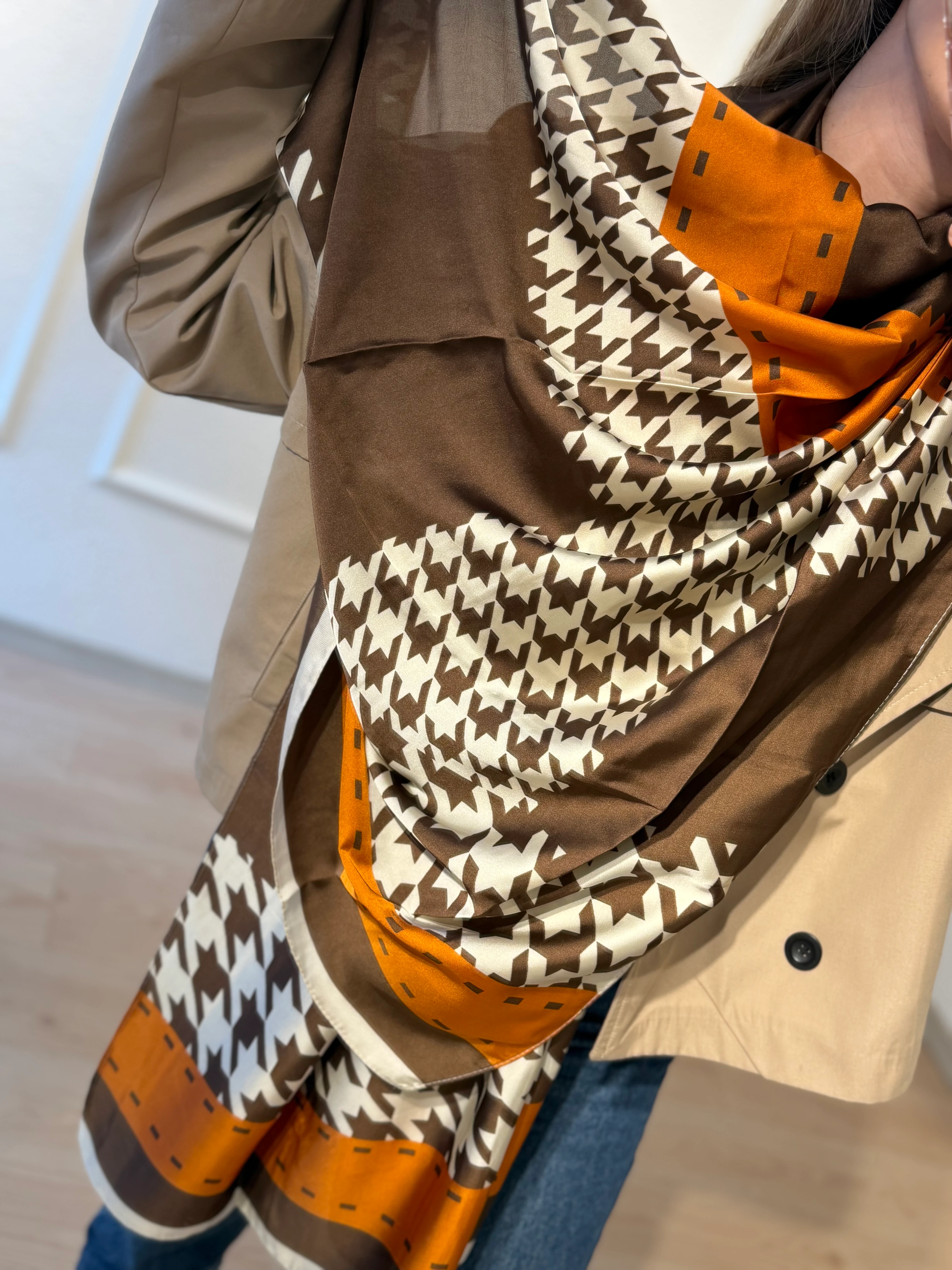 Turuncu Detay Kahve Şal Fular 90*180cm 