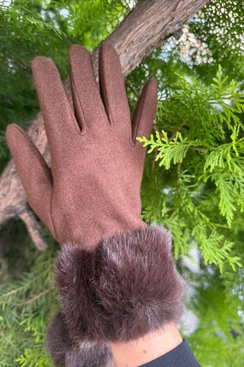 Kürklü Dokunmatik Kahverengi Eldiven