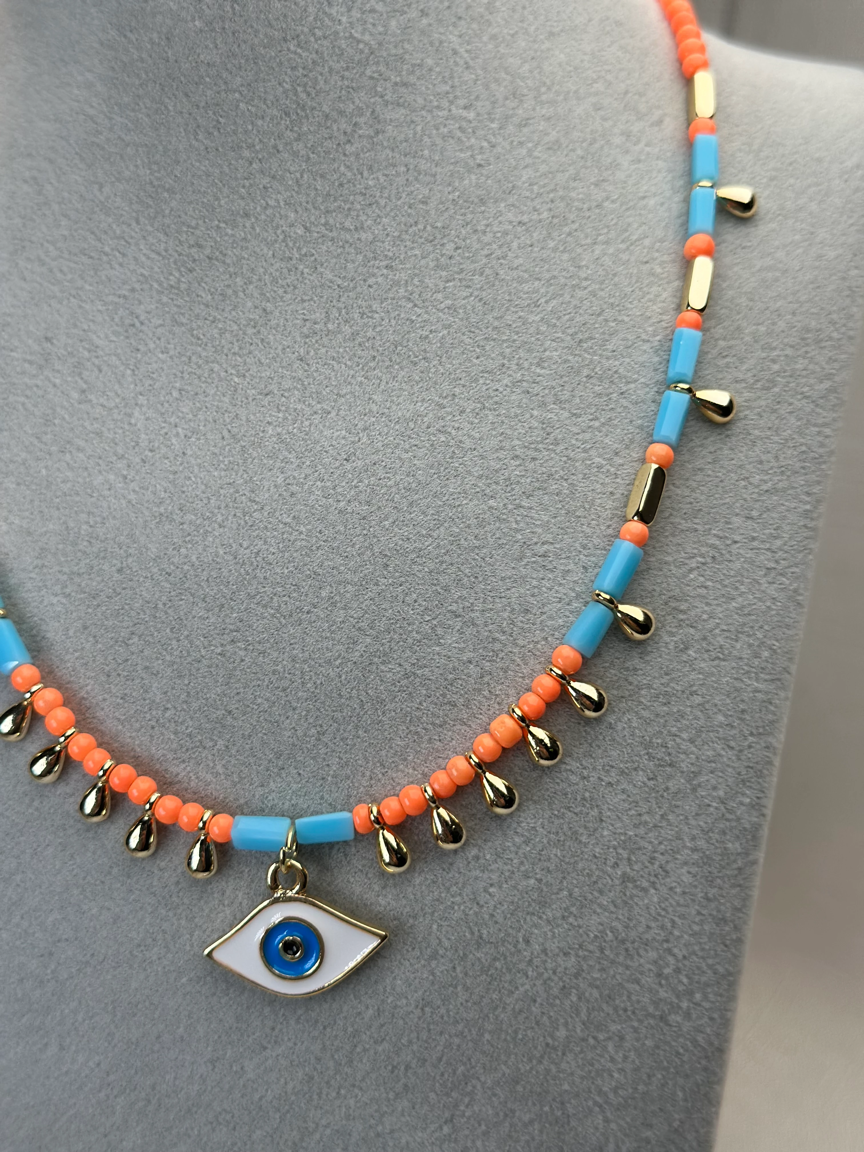 Turuncu Mavi Boncuk Göz Kolye