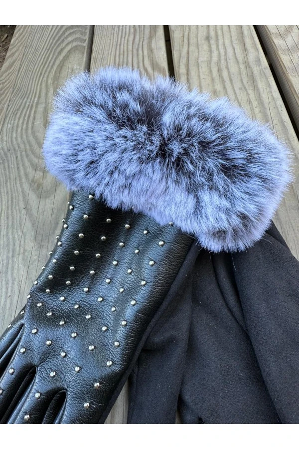 Kürklü Siyah Zımbalı Deri Eldiven