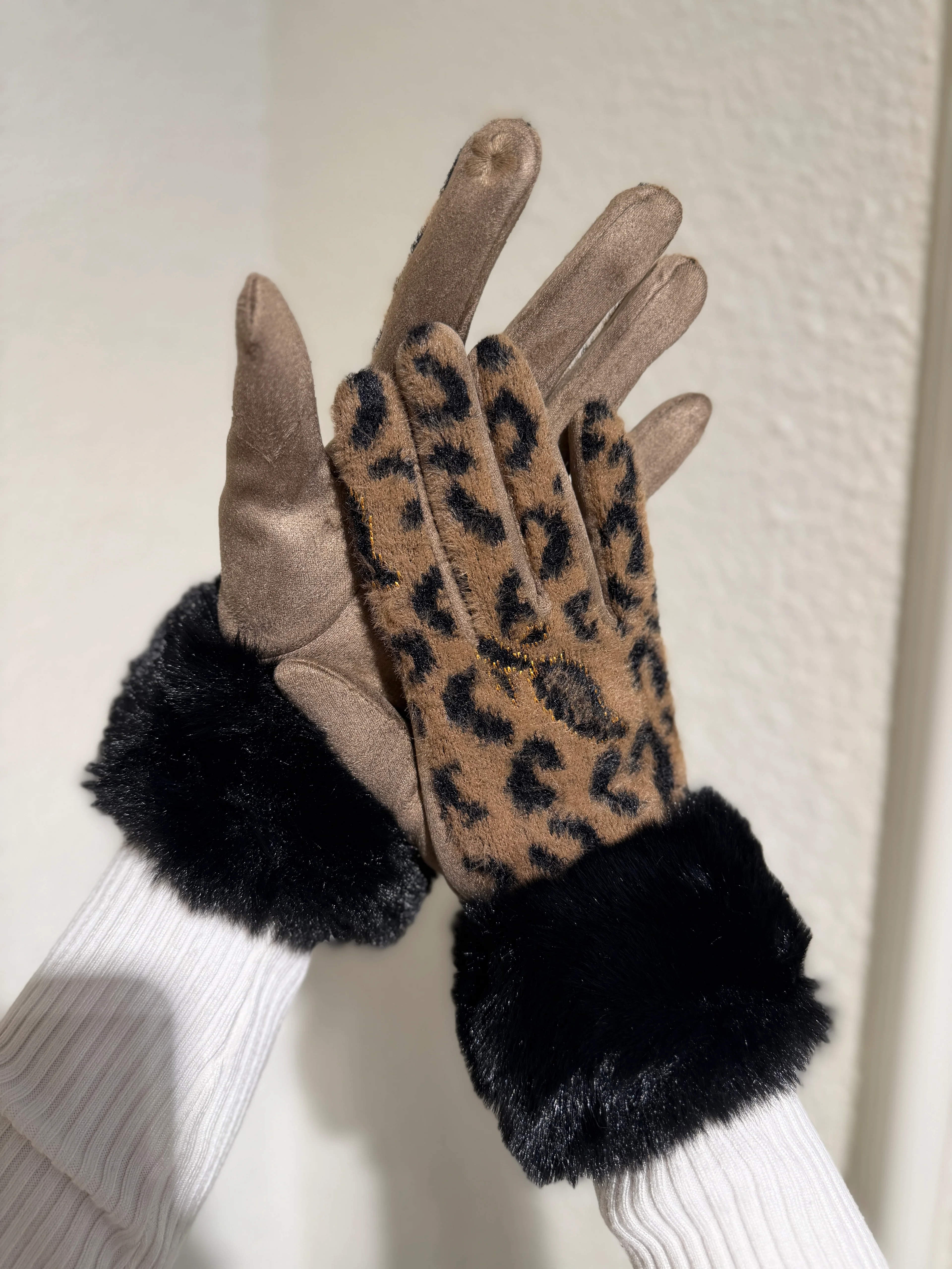 Kürklü Dokunmatik Leopar Desen Eldiven