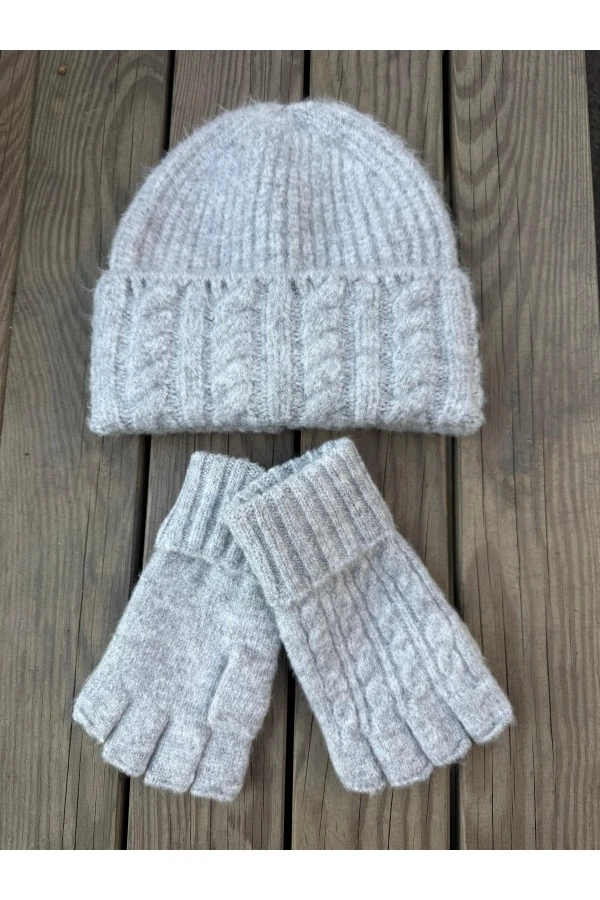 Örgü Desen Gri Bere Ve Kesik Eldiven