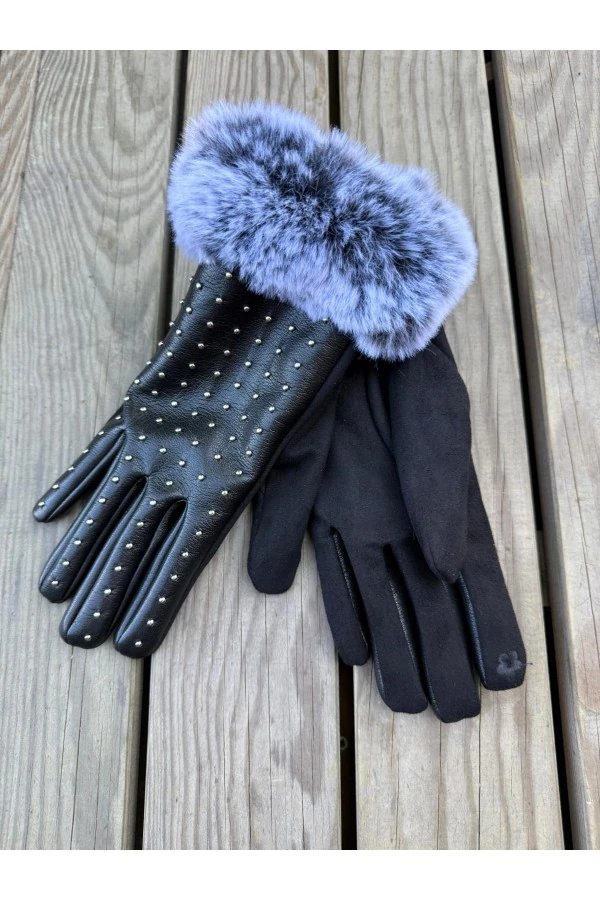 Kürklü Siyah Zımbalı Deri Eldiven
