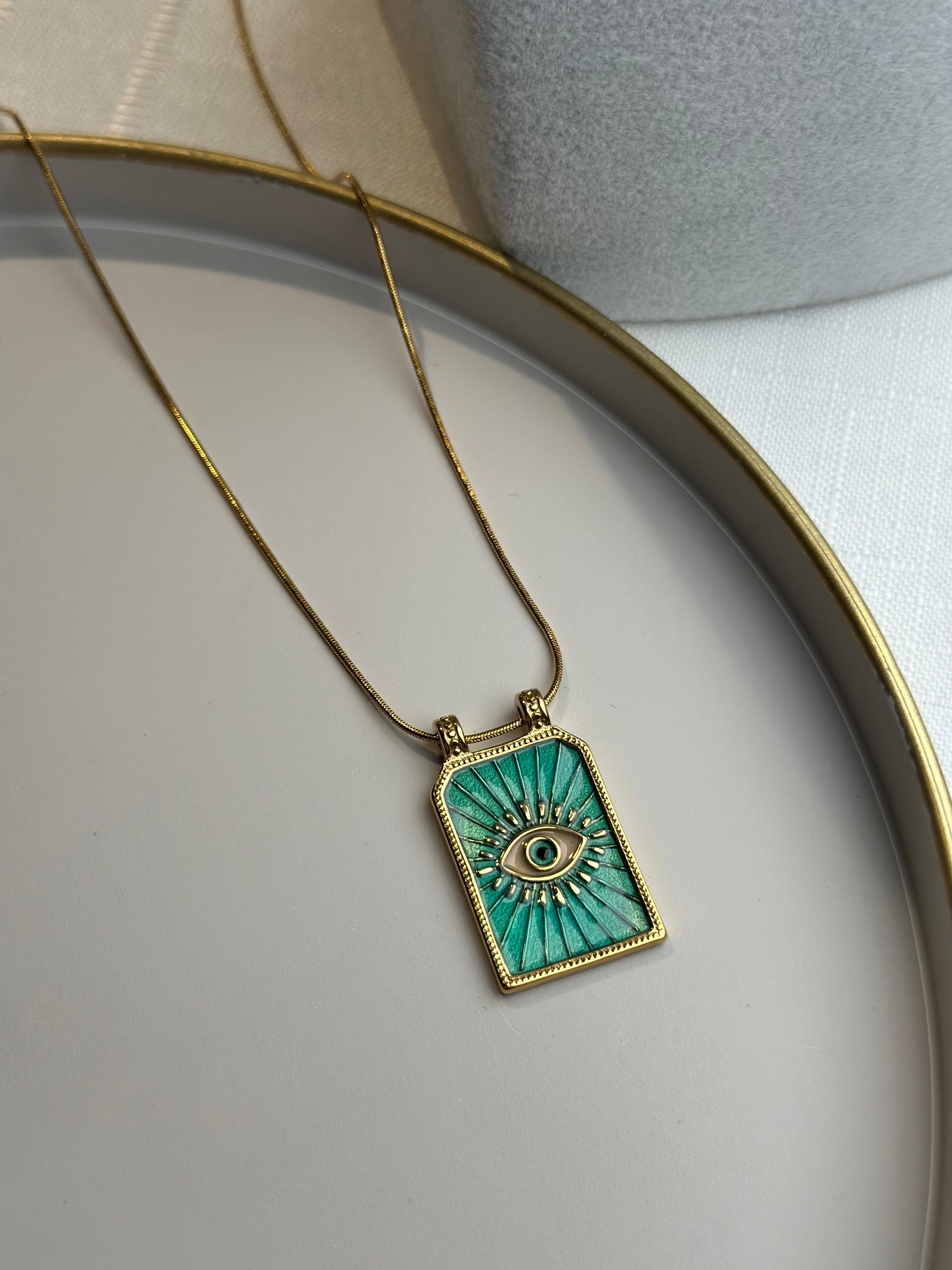 Çelik Yeşil Göz Gold Tarot Kolye