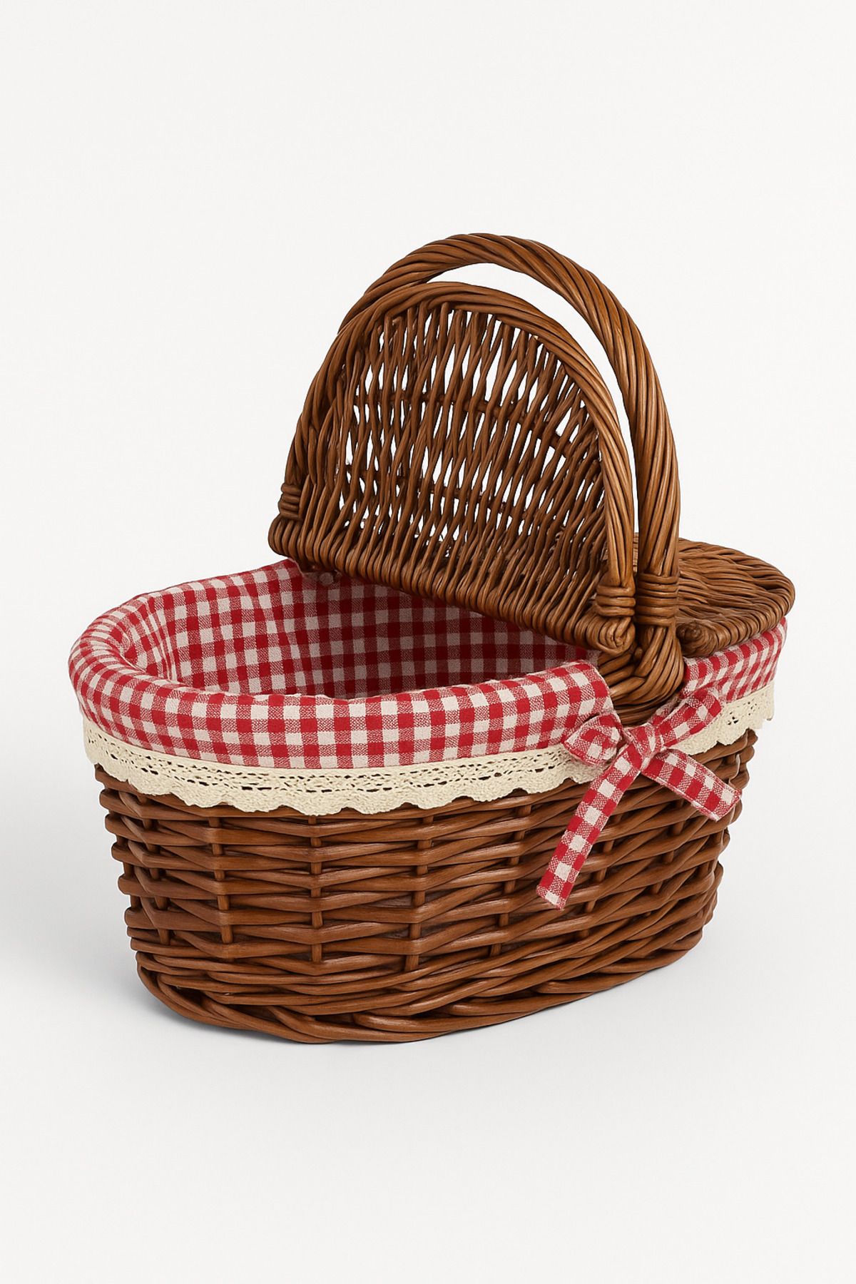 Kırmızı Kareli Kumaş Detaylı Hasır Piknik Sepeti – Kahverengi Kapaklı Rustik Tasarım