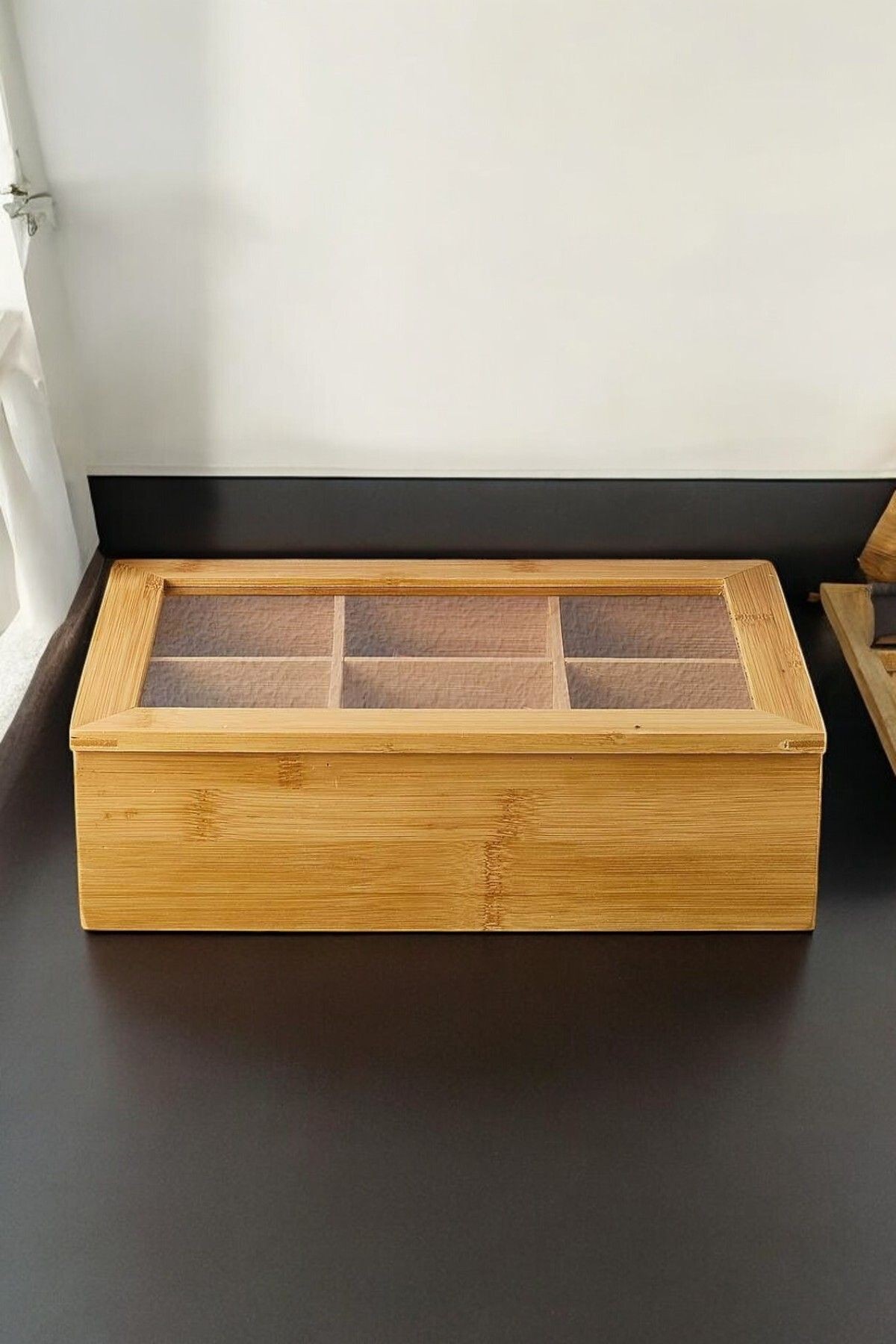 6 Bölmeli Kapaklı Bambu Çay Kutusu - Bambu Organizer