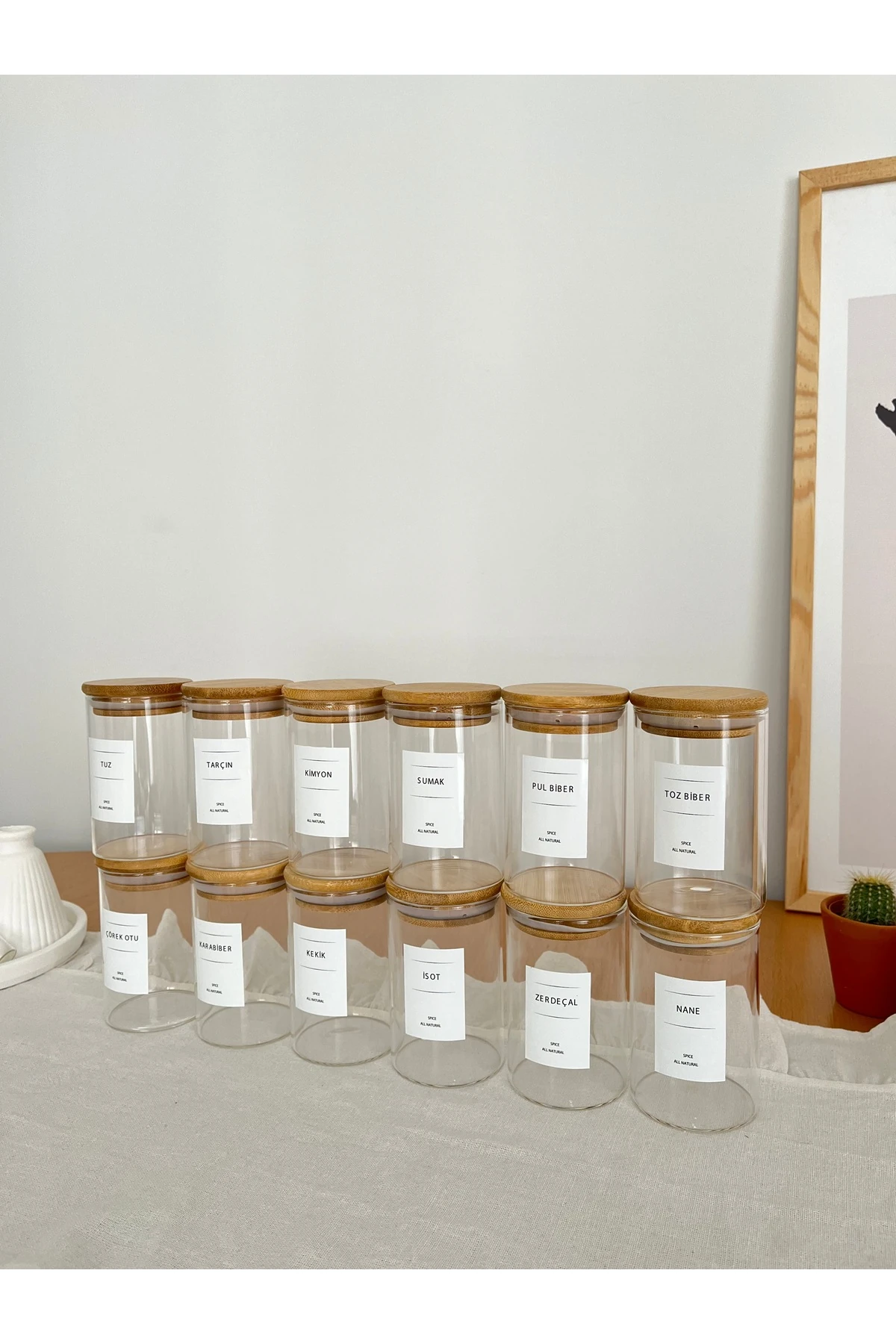 Bambu Kapaklı Baharatlık Seti - 250 ml Bambu Kapaklı Cam Baharatlık